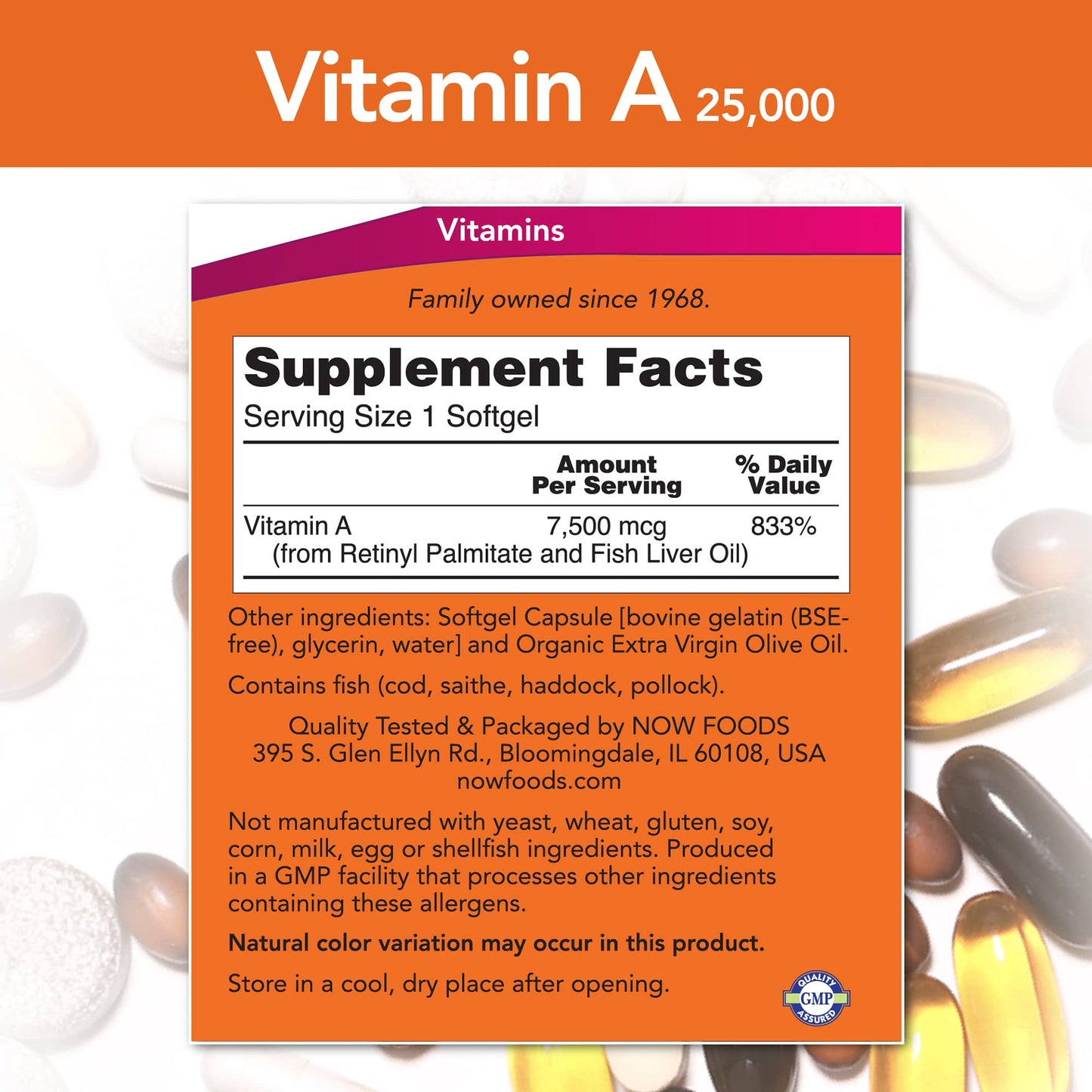 NOW Foods Vitamin A Softgels 25000 IU from Fish Liver Oil, 250 Softgels, Pack of 2
