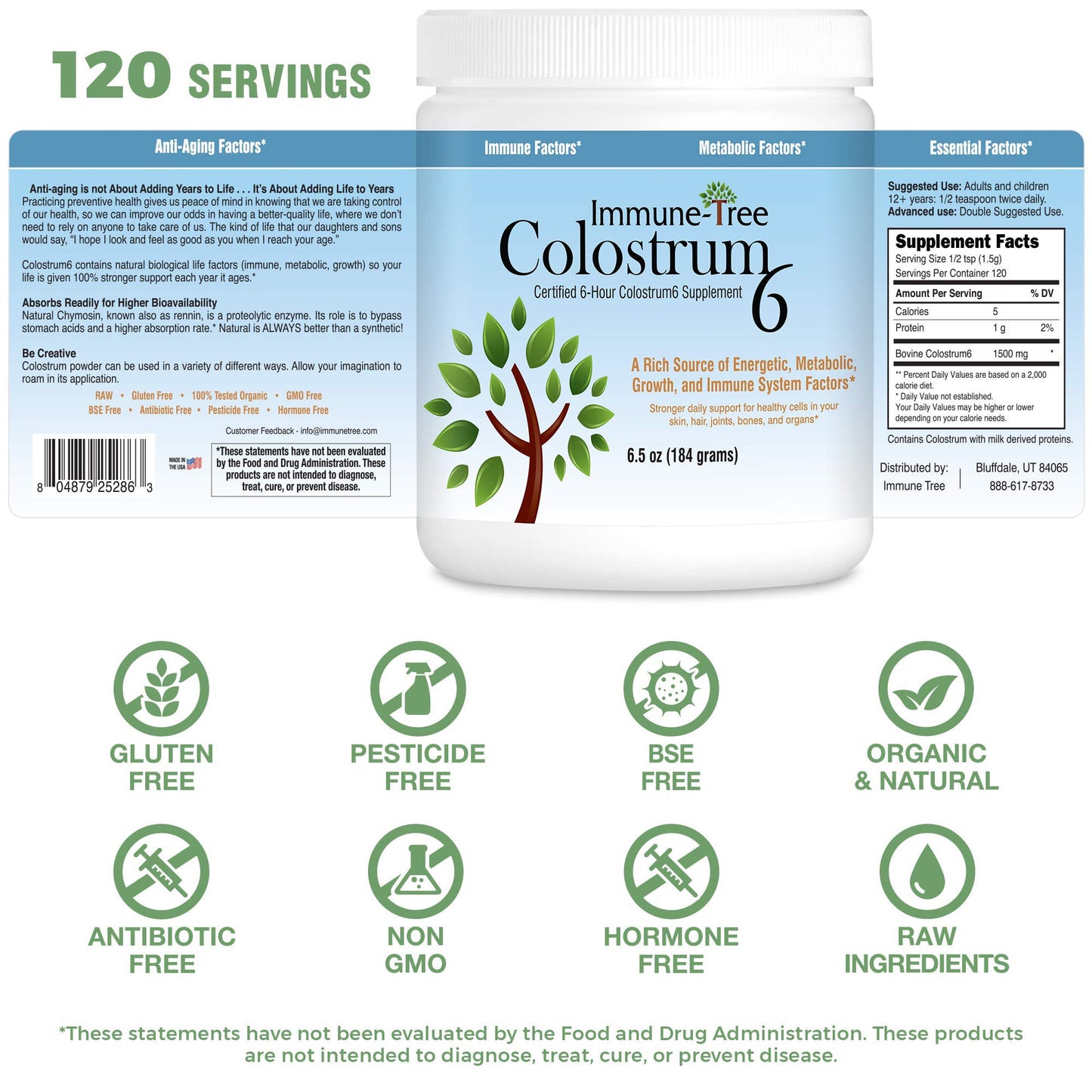 Immune-Tree 100% Bovine Colostrum Powder, 6.5 oz, 120 Servings