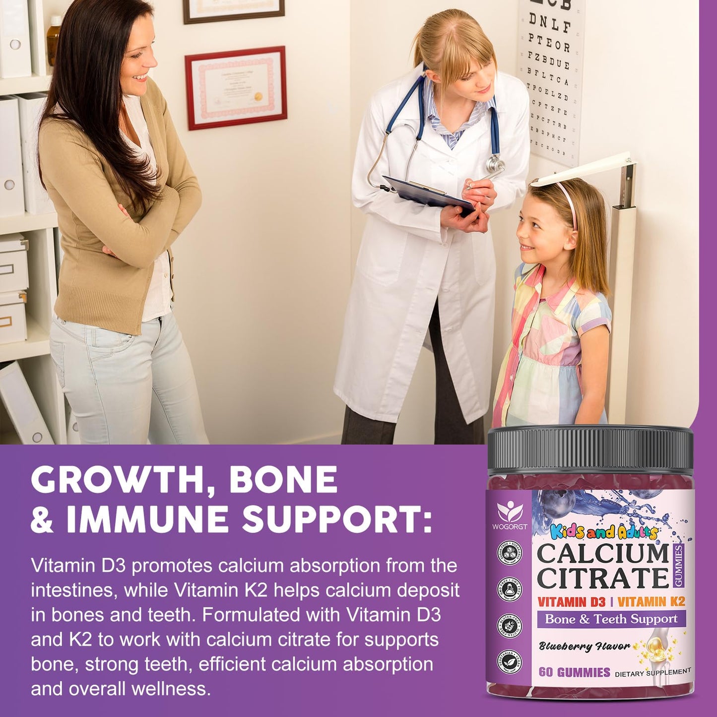 WOGORGT Calcium Citrate Gummies with Vitamin D3 for Kids, 120 Gummies