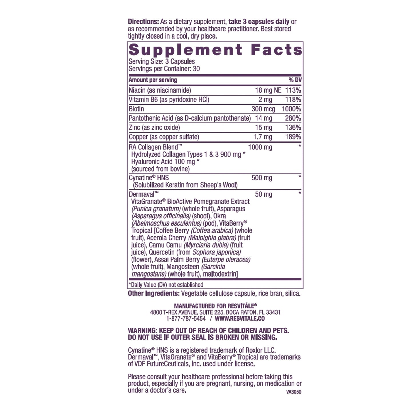 ResVitale Beauty 3 Skin Care Supplement with Collagen, Keratin & Elastin, 120 Capsules