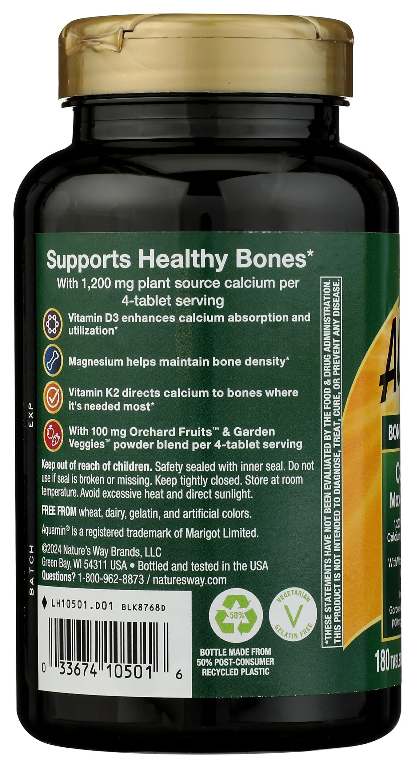 Nature's Way Alive! Calcium Bone Formula, Max Absorption, Plant Source Calcium, 180 Tablets