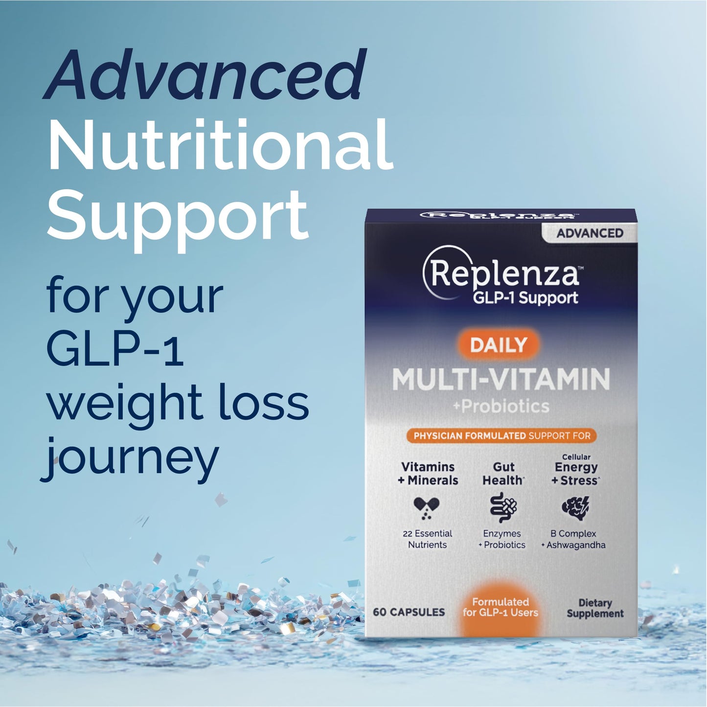 Replenza Advanced Formula Multivitamin – Daily Essential Vitamins and Minerals + Probiotics for GLP-1 Support, Gut Health, Stress & Cellular Energy Support Tablet, 1 Count