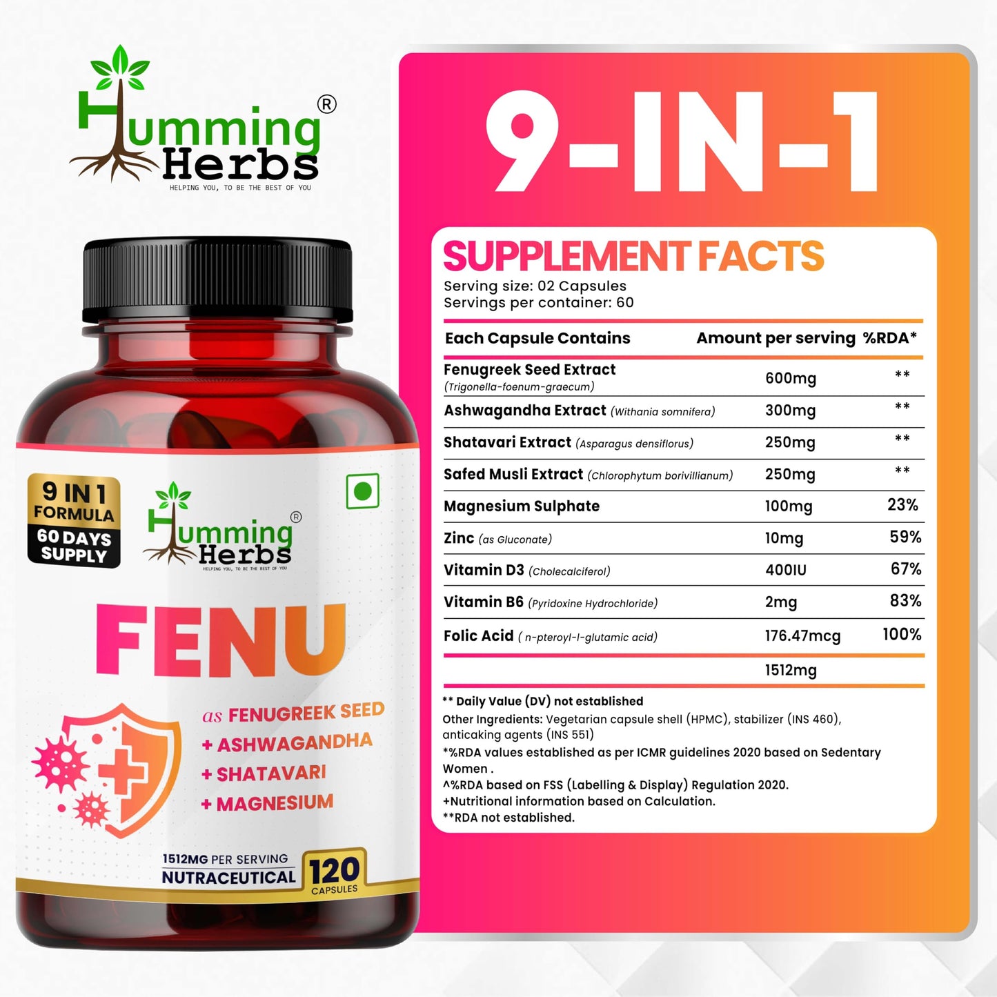 Humming Herbs Fenugreek Seed Extract Complex with Ashwagandha, Shatavari, Safed Musli, Magnesium, Zinc, Vitamin D3, B6 & Folate Capsules, 120 Count