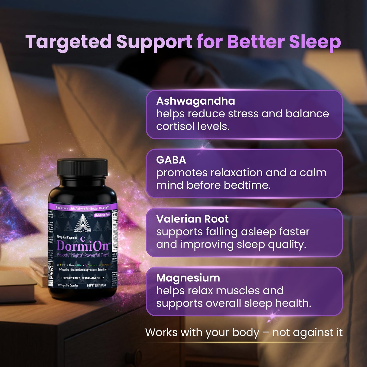 AsPray Pharma DormiOn Melatonin-Free 10-in-1 Stress Relief-Cortisol Reducer, Restorative Deep Sleep Aid for Adults – Clinically Studied Ashwagandha, GABA, Valarian and Magnesium, Non-Habit Forming, Vegan, 60 Capsules