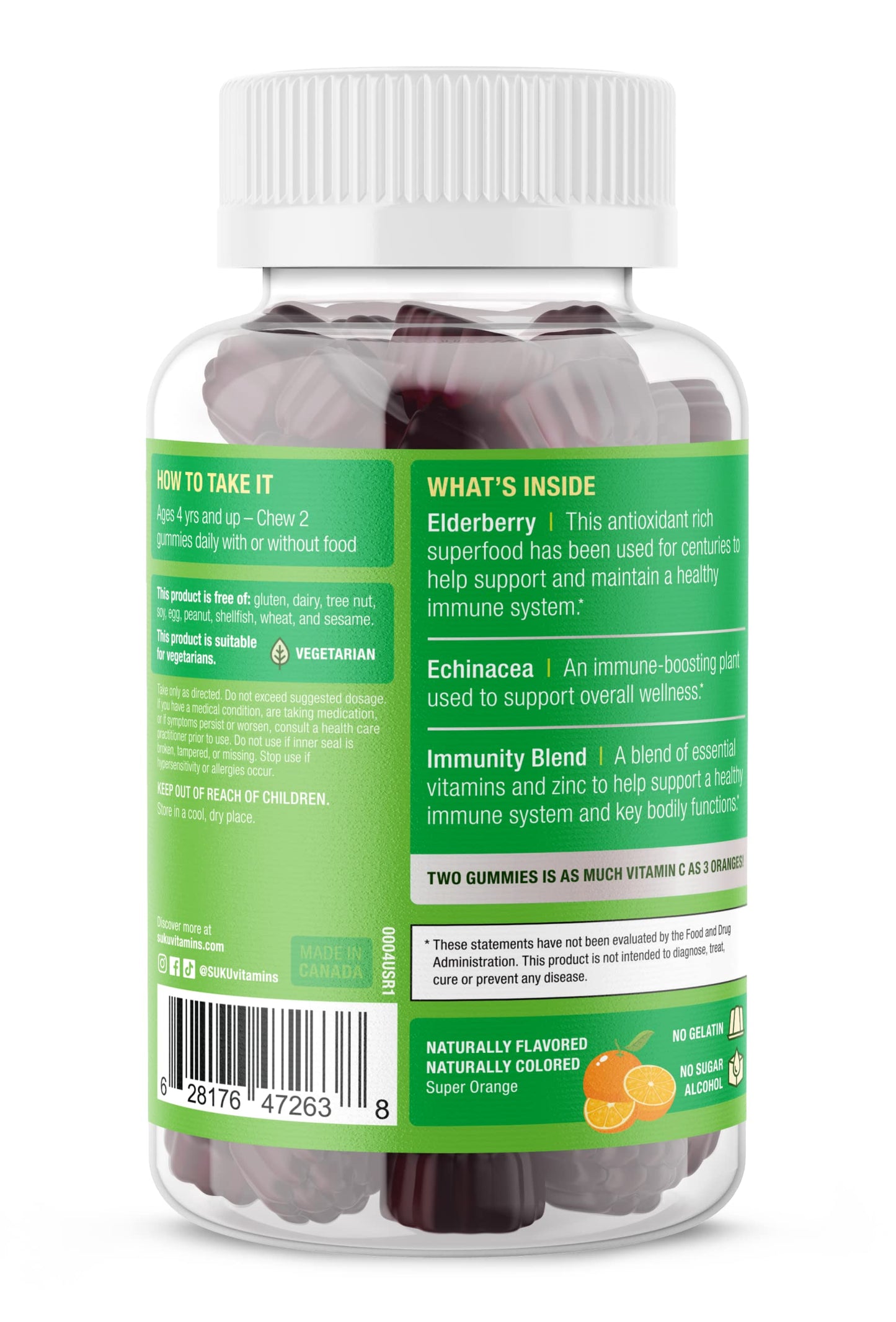 SUKU Gummy Vitamins - Kids Super Immunity Elderberry, Echinacea, Vitamin A and Zinc - 50 Count