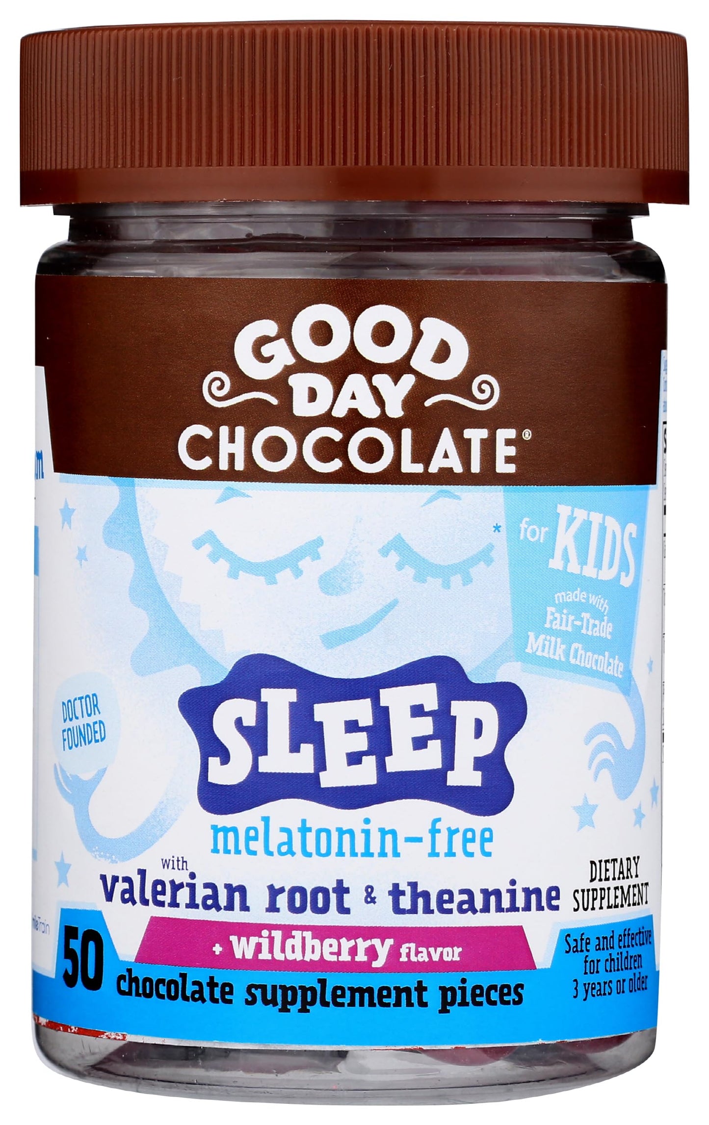 Good Day Chocolate Natural Valerian Root for Kids Chewable, Herbal Sleep Supplement with L-Theanine, Organic Wildberry Flavor, Fair Trade & Non-GMO Chocolate, 50 Chewables