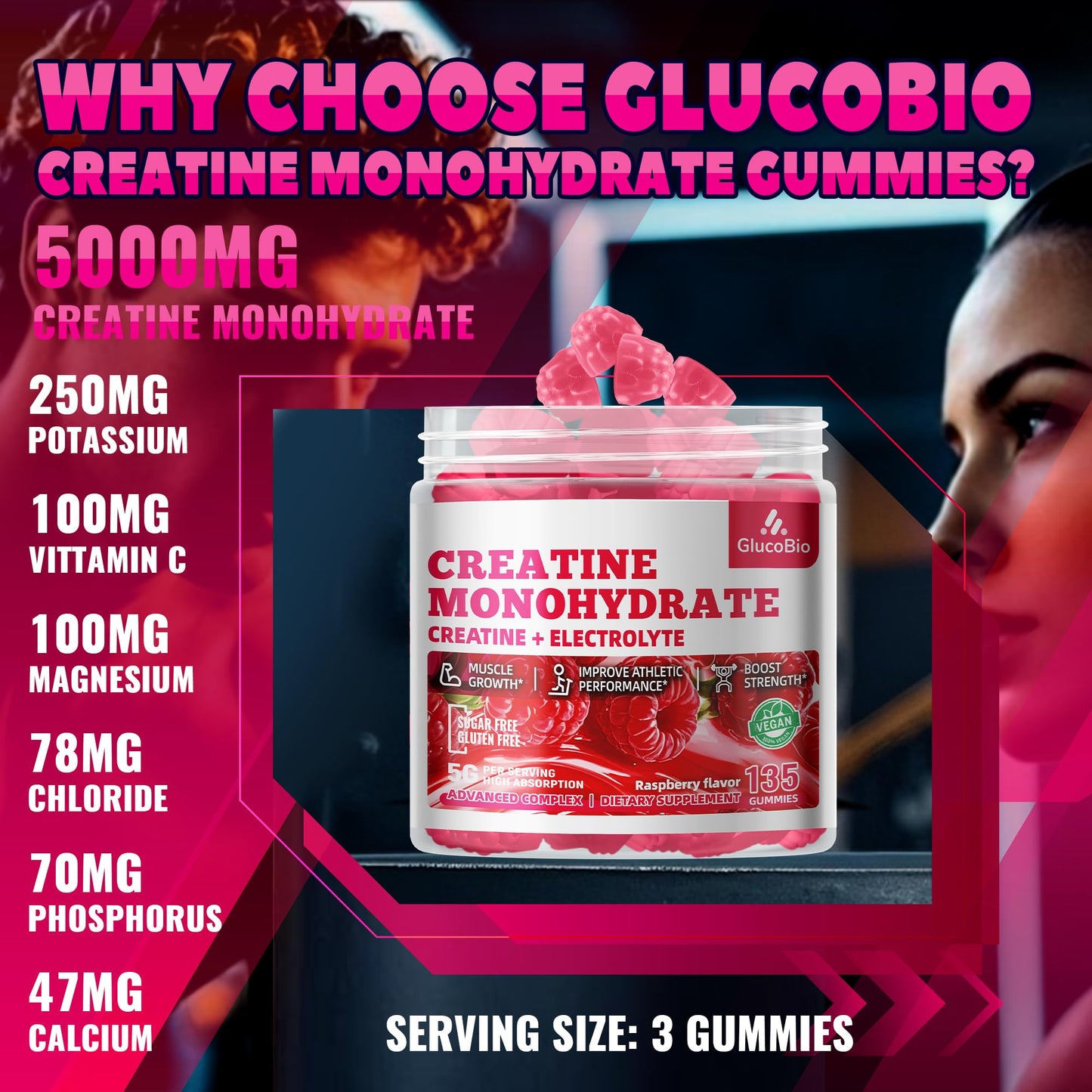 GlucoBio Creatine Monohydrate Gummies (5g) 135 Count