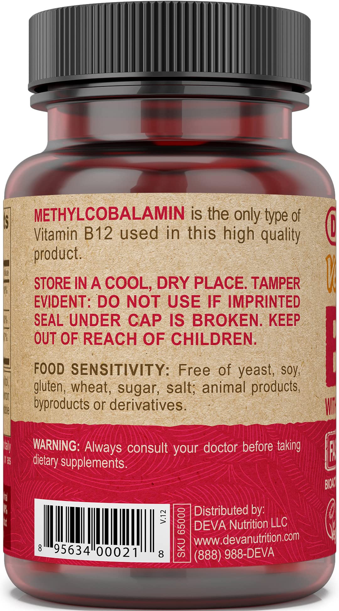 DEVA Vegan Vitamin B12 Fast Dissolve Supplement - Once-Per-Day Complex with 1000 mcg Methylcobalamin B12, Folic Acid, B6 - Lemon Flavor, 90 Tablets