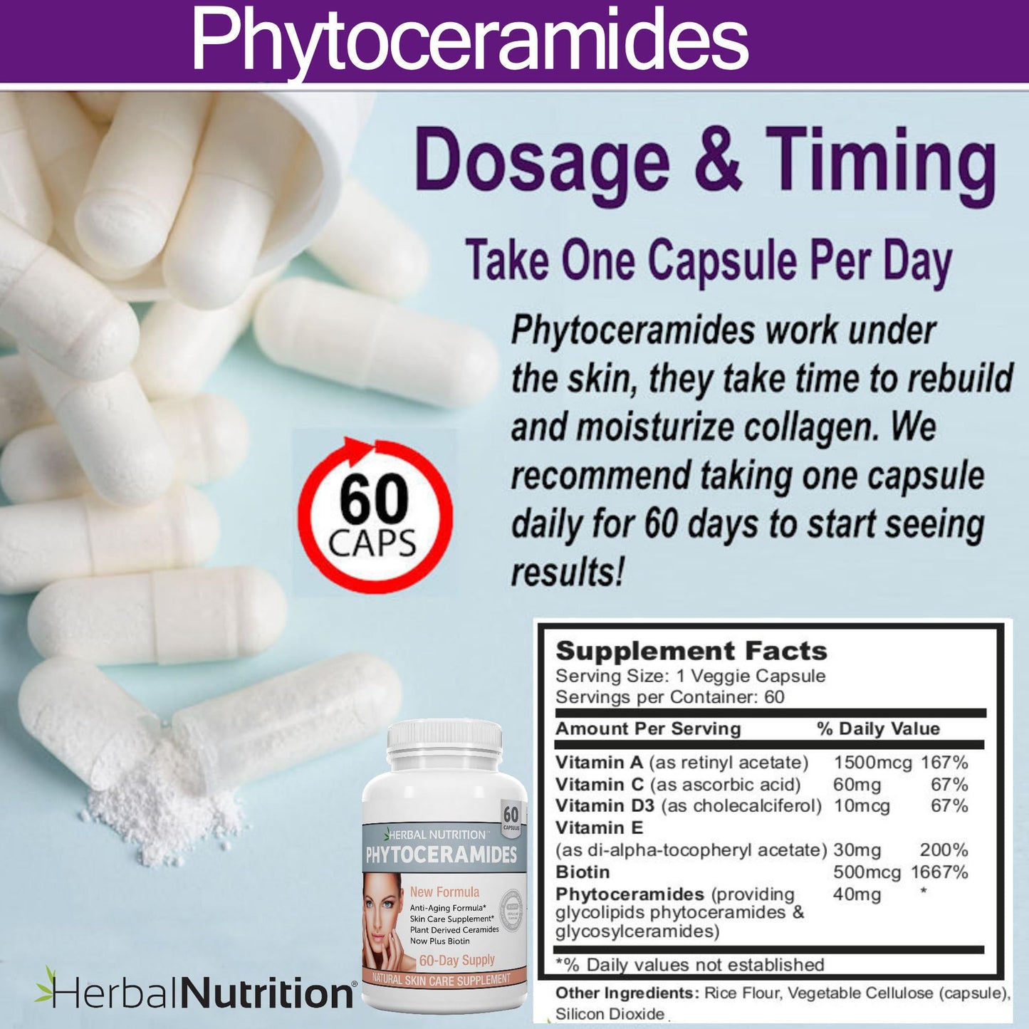 Herbal Nutrition Phytoceramides Anti-Aging Skin Hydration Supplement Powder, 120