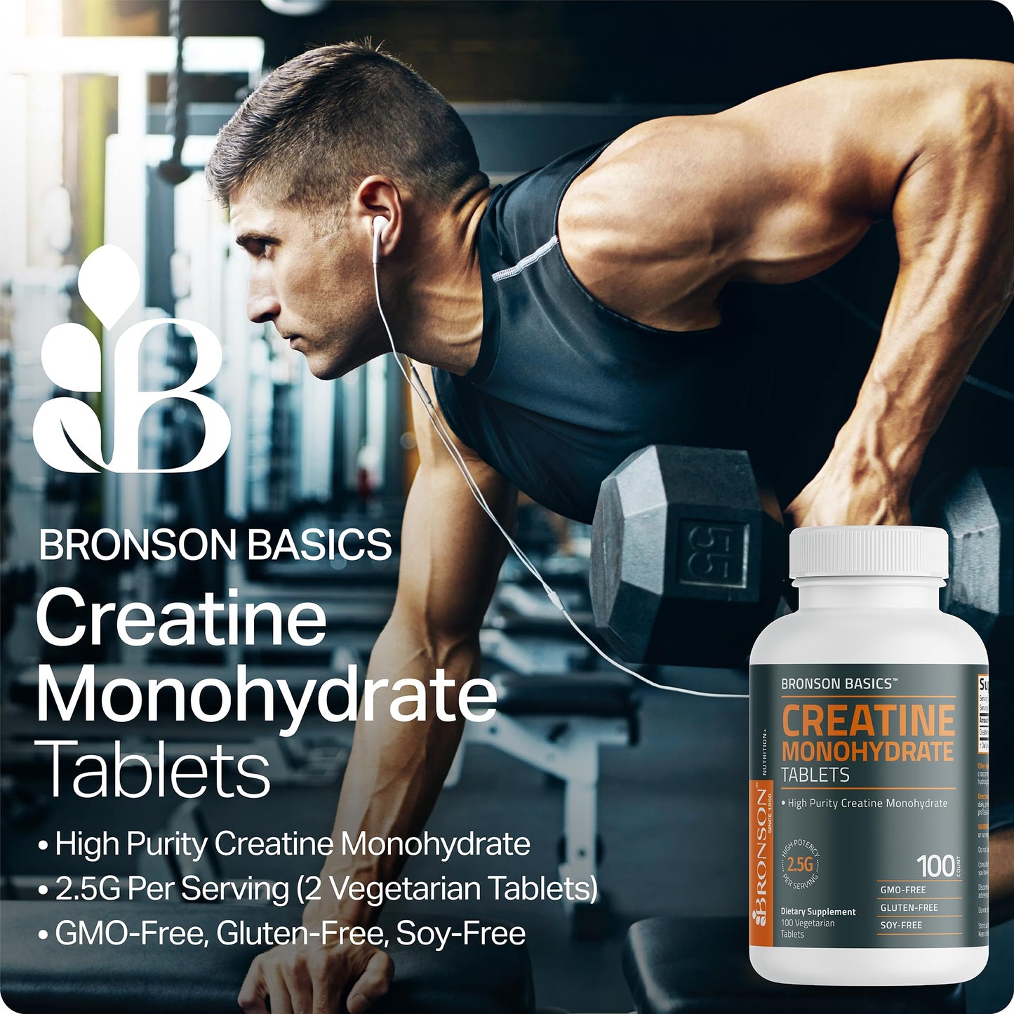 Bronson Creatine Monohydrate High Potency 2.5g per Serving, 100 Tablets