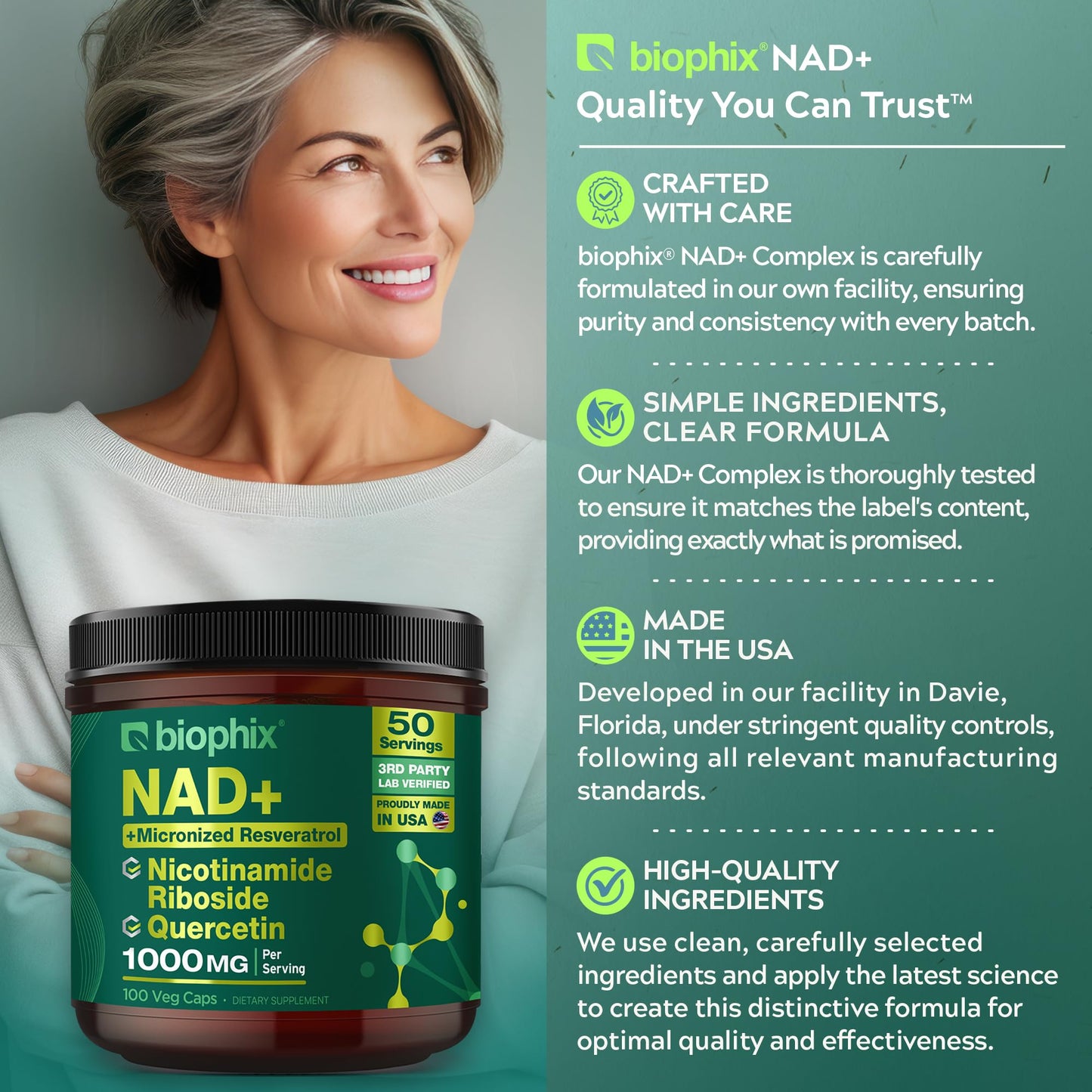biophix NAD+ Liposomal Supplement for Women & Men - 1000 mg per Serving - Nicotinamide Riboside, Micronized Resveratrol & Quercetin Complex, 100 Veg Capsules