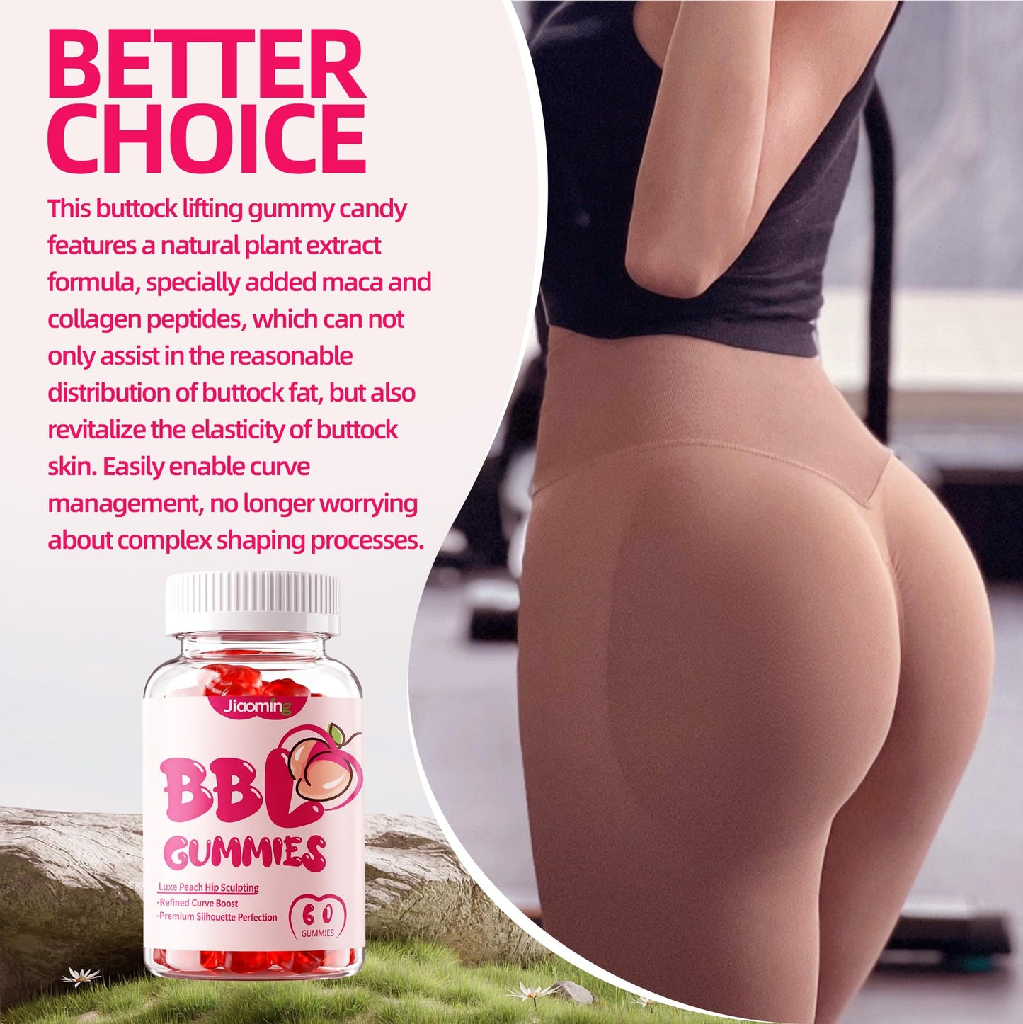 Jiaoming BBL Gummies for Bigger Butt Growth and Hips, Berry Flavor, 60 Gummies