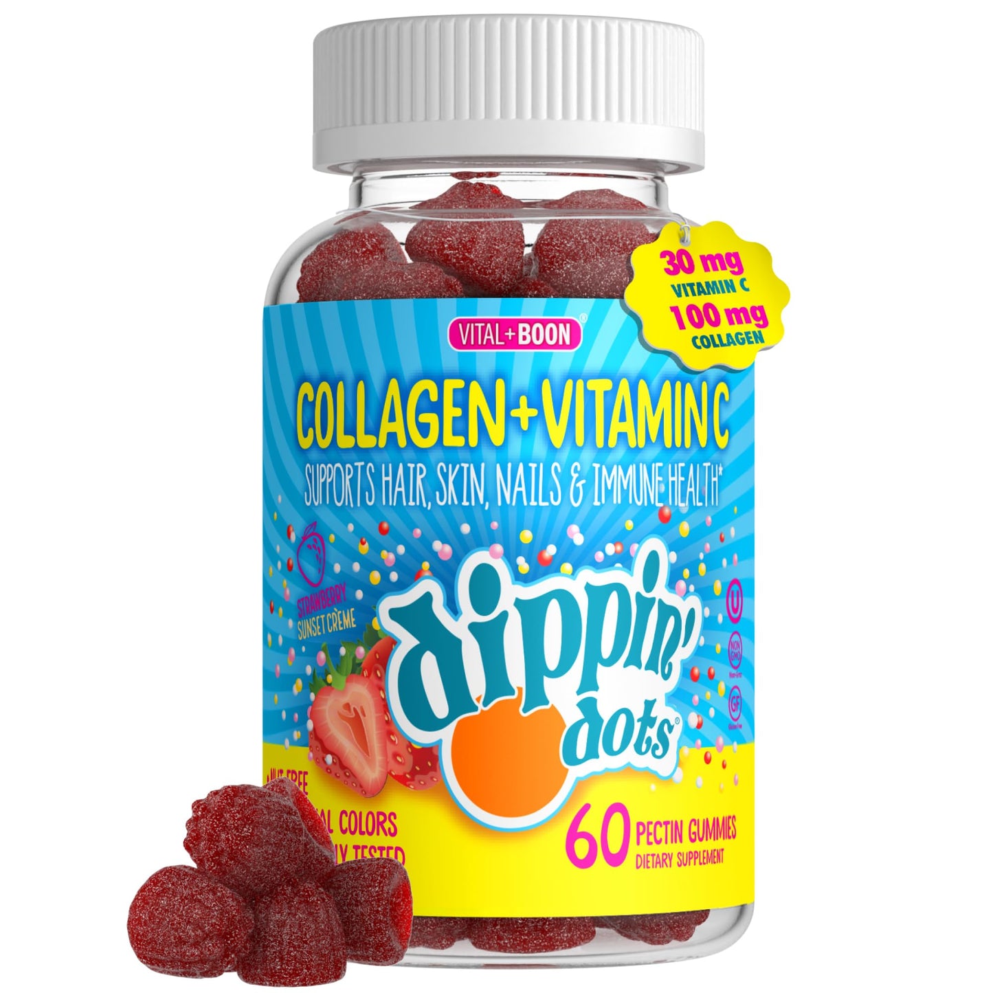 Vital+Boon Dippin' Dots Collagen + Vitamin C Gummies, Strawberry Sunset Crème Flavor, No Artificial Colors, Supports Hair, Skin, Nails & Immune Health, 60 Count
