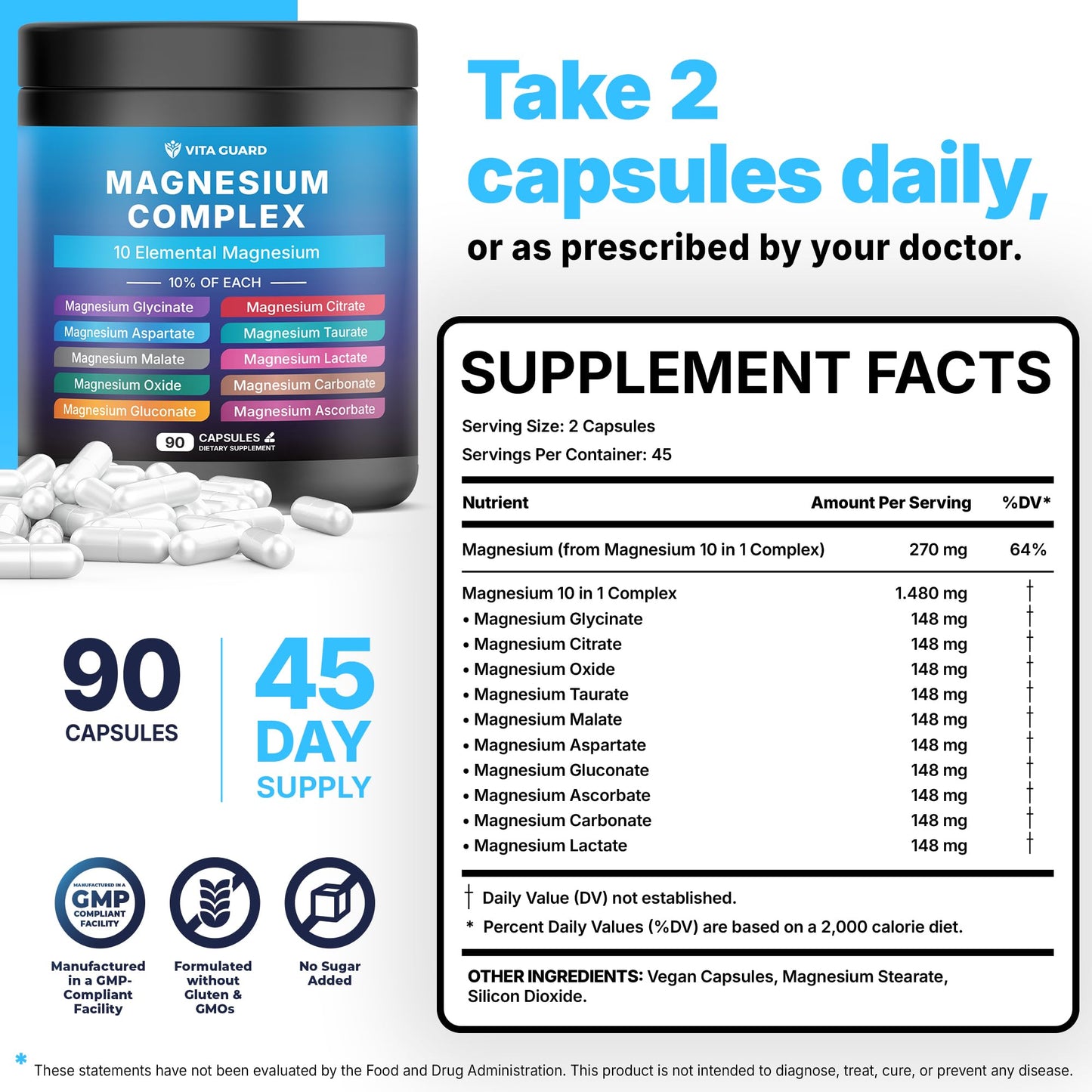 Vita Guard Magnesium Complex 1480mg – 10-in-1 with Glycinate, Citrate, Malate & More – High Absorption – Sleep, Muscle, Nerve & Heart Support Capsules, 45 Count