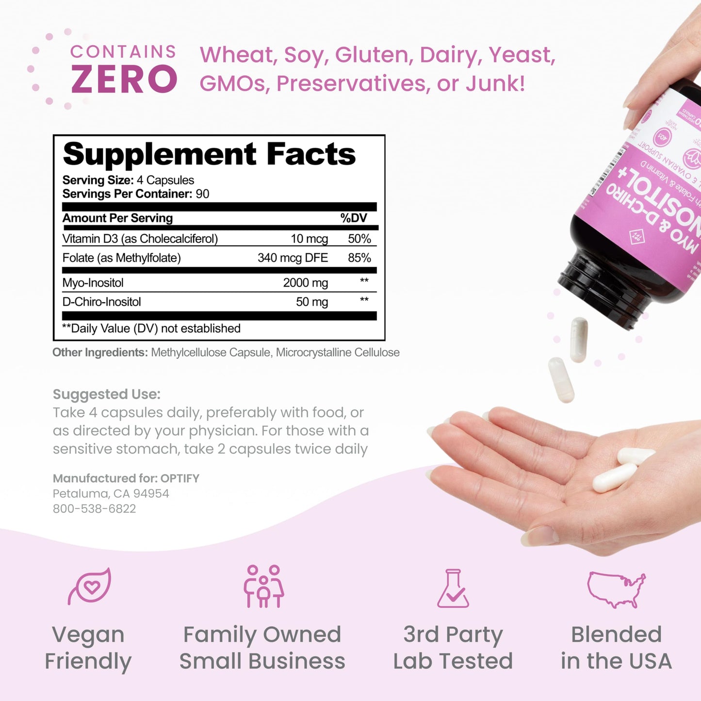 Optify Myo-Inositol & D-Chiro Inositol Supplement for Women 40:1 Ratio Plus Folate and Vitamin D, Capsules, 360 Count