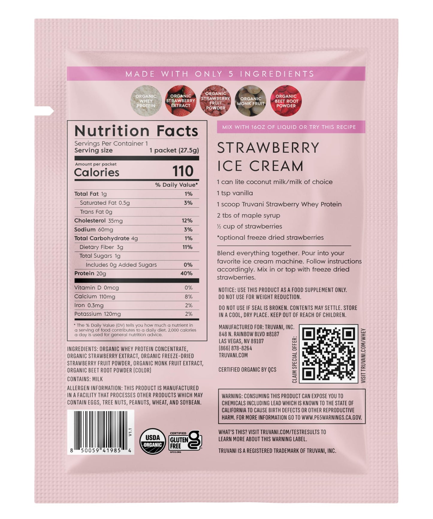 Truvani Organic Whey Protein Powder Strawberry, 0.97 Ounce
