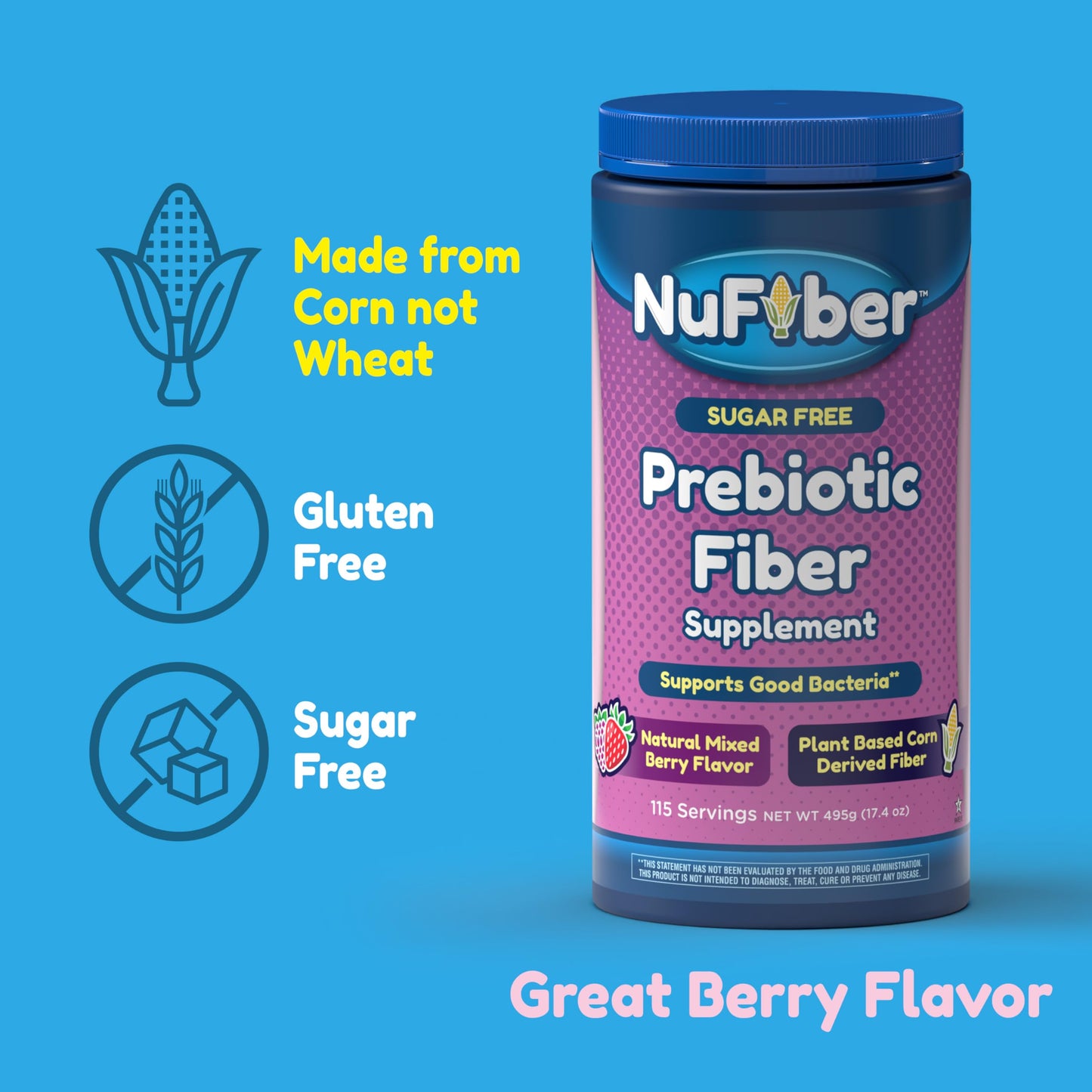 NuFiber Fiber Supplement, Daily Prebiotic Fiber, Natural Mixed Berry Flavor, Powder, 17.4 oz