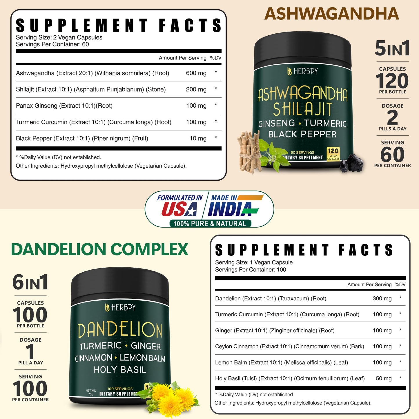 Herbpy Dandelion Root Supplement & Ashwagandha Capsules 220