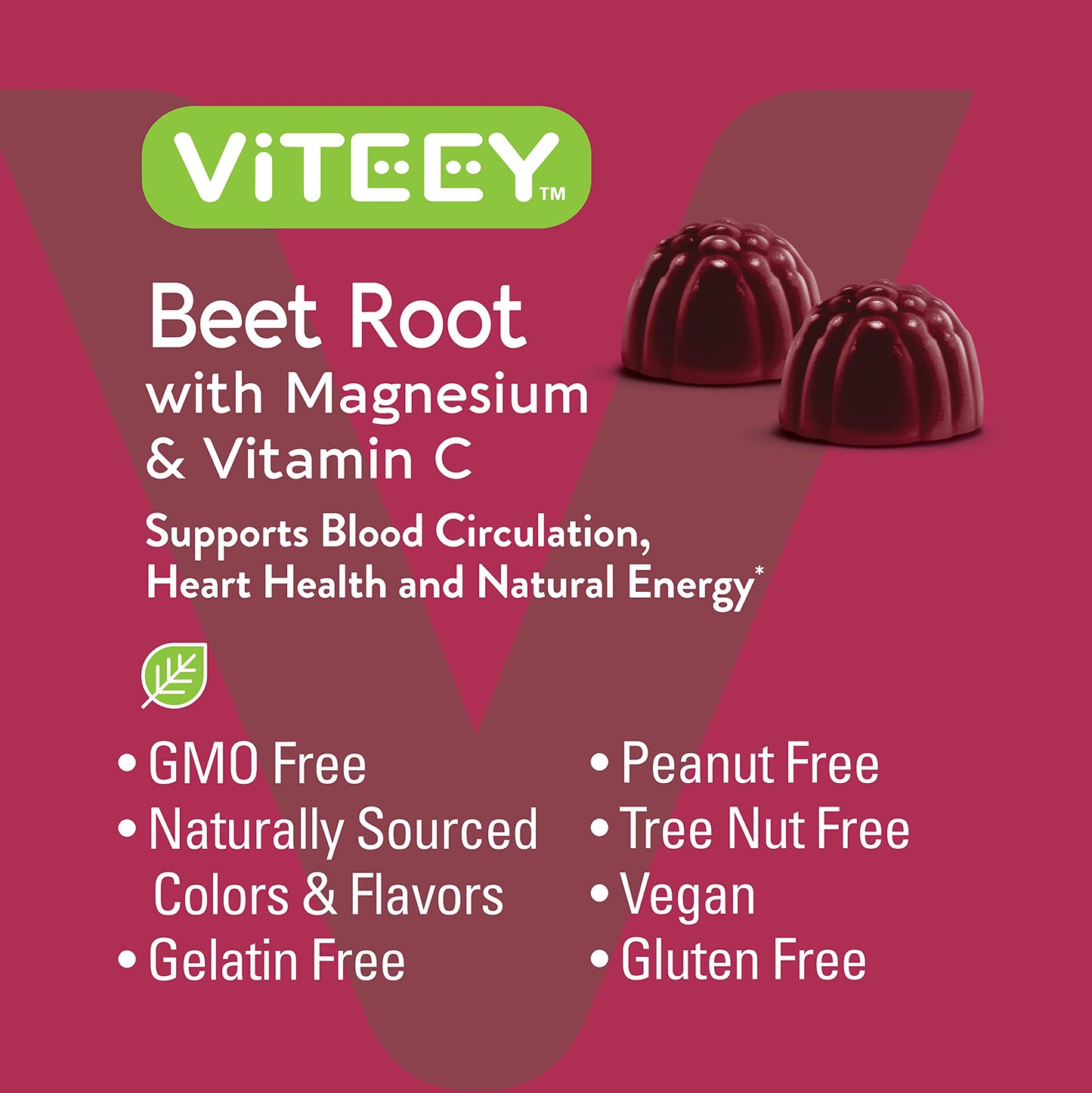 Viteey Beet Root Gummies with Magnesium & Vitamin C - Beetroot Supplement, 60 Count