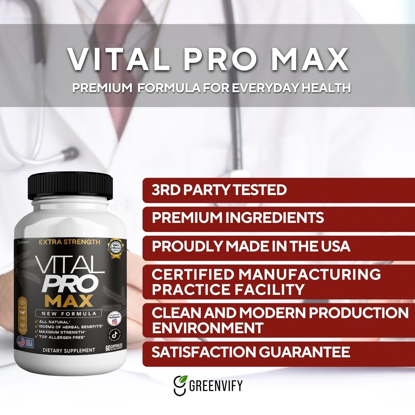GREENVIFY Vital Pro Max Maca Root Dietary Supplement Capsules, 60 Count