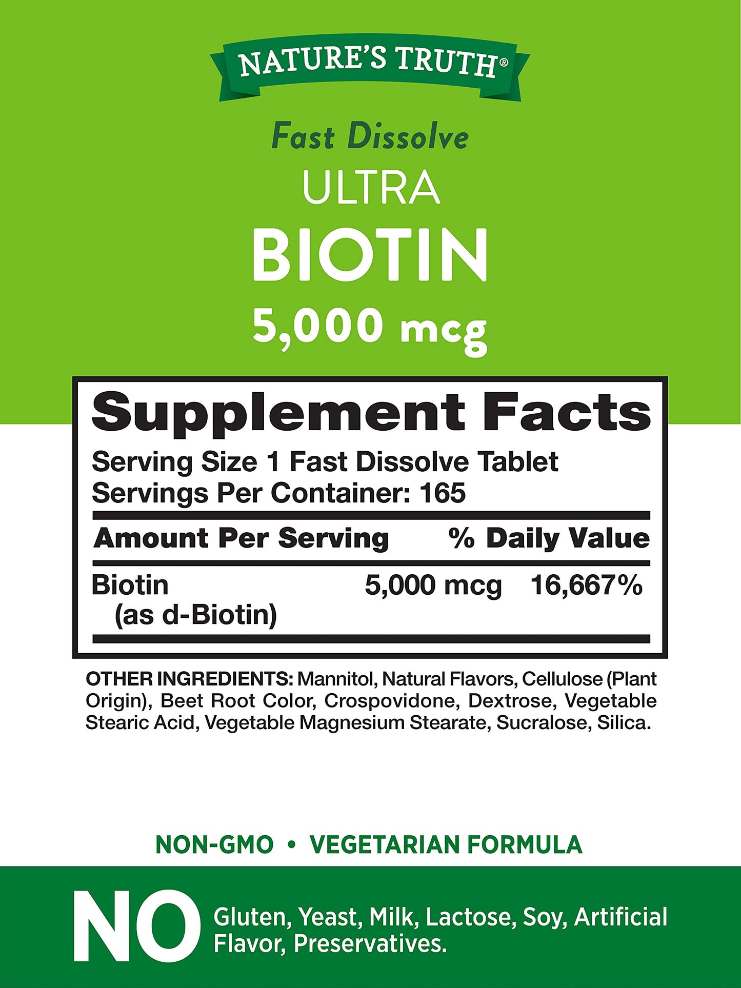 Nature's Truth Ultra Biotin 5000mcg Fast Dissolve Tablets, 165 Count