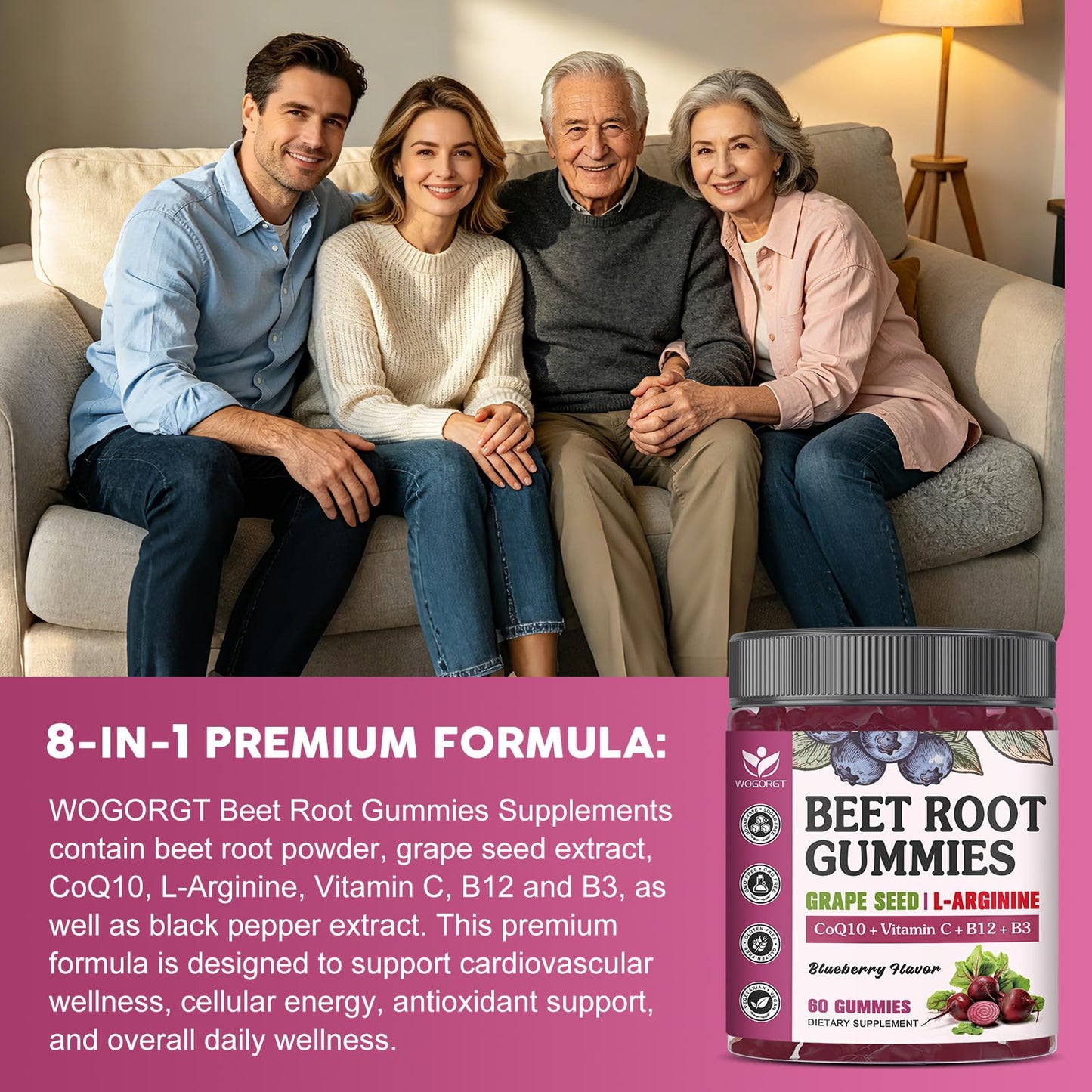 WOGORGT Beet Root Gummies Nitric Oxide Booster Sugar Free, 60 Count
