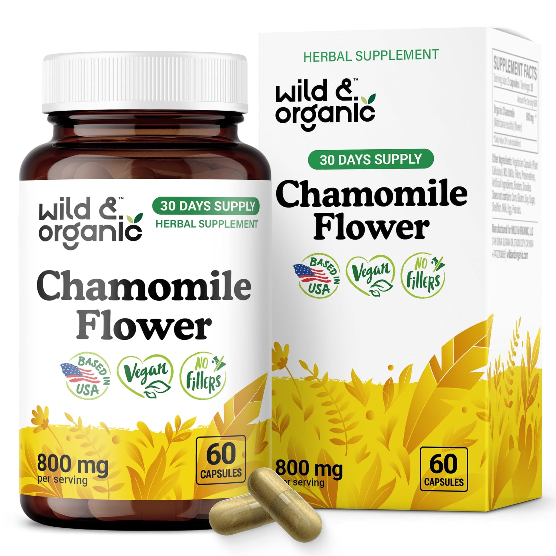 Wild & Organic Chamomile 800 mg Capsules, 60 Count