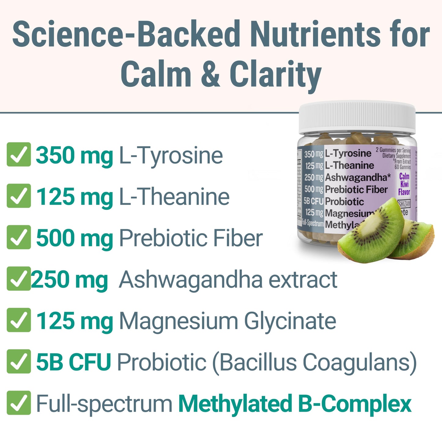SHIZAM L-Tyrosine L-Theanine Methylated Vitamin B Complex Magnesium Glycinate Probiotic Fiber Gummies, 60 Count