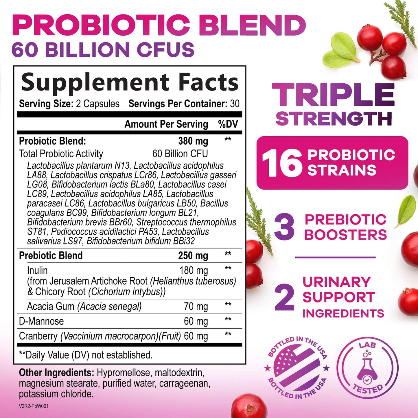 Nature's Nutrition Probiotics 60 Billion CFU Per Serving for Women - 16 Strains, Prebiotics Cranberry & Lactobacillus, PH Balance, Digestive & Immune Support, Women's Probiotic, 60 Capsules