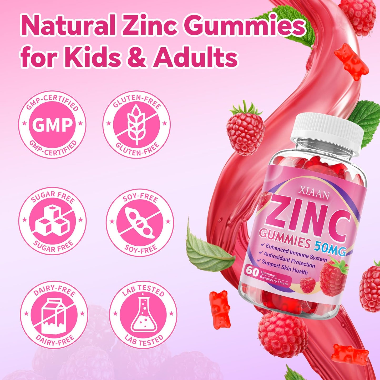 XIAAN Zinc Picolinate Gummies 50mg for Kids & Adults, Raspberry Flavor, 60 Count