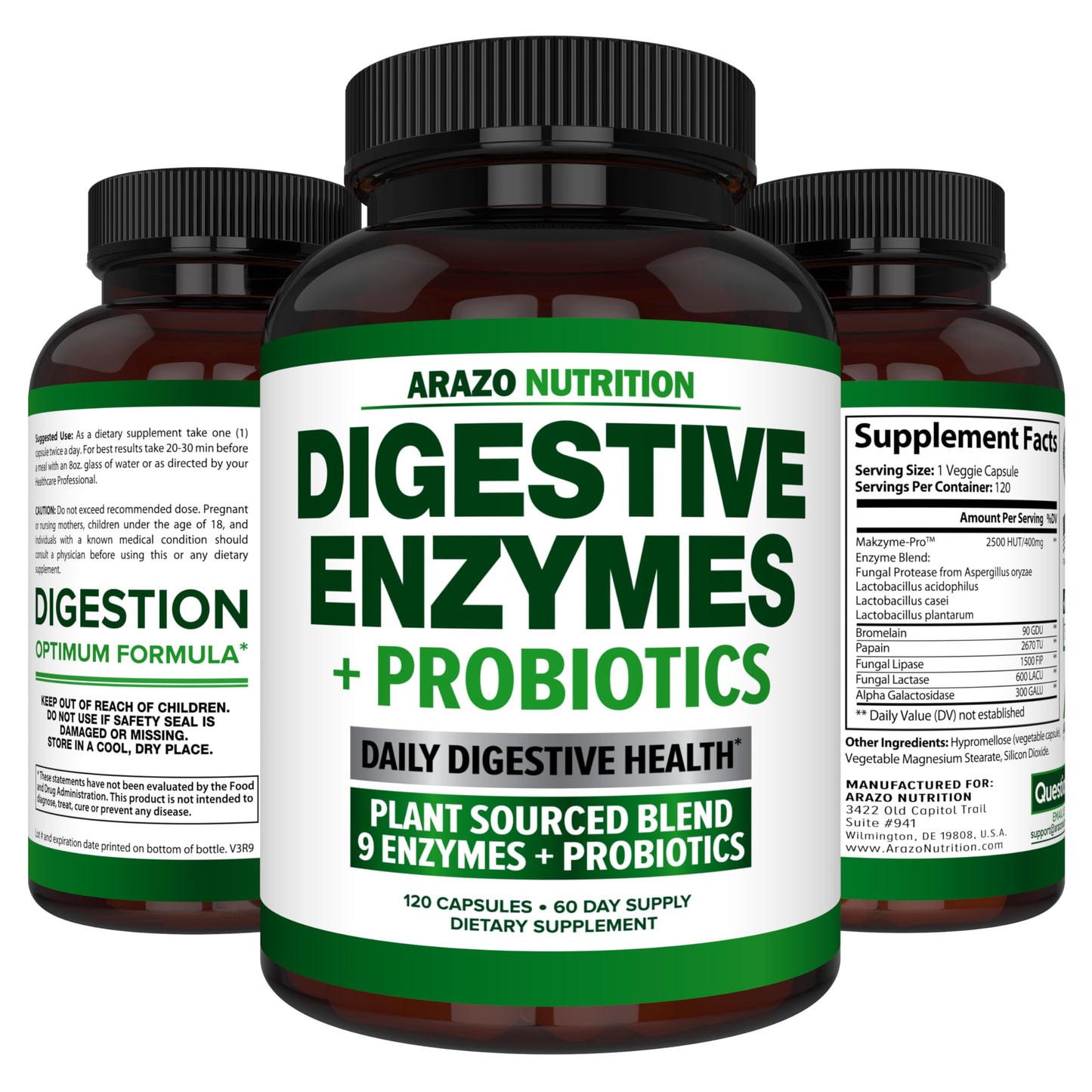 Arazo Nutrition Digestive Enzymes with Probiotics - Multi Enzyme Nutritional Supplement - Acidophilus Bromelain Papaya Papain Lipase & Lactase - Improve Digestion, 120 Capsules