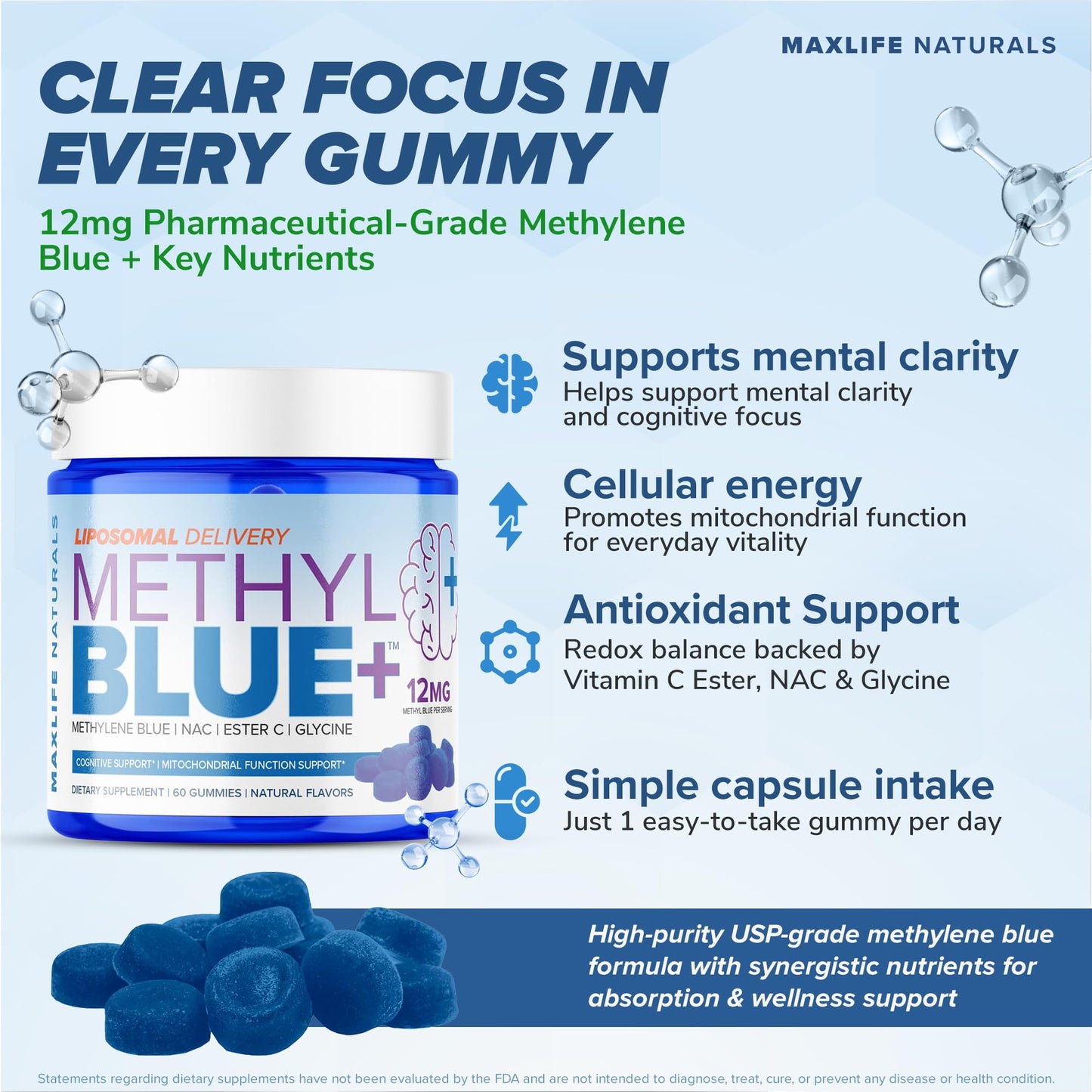 MAXLIFE NATURALS Liposomal Pure Methylene Blue Gummies, 12mg, 60 Count