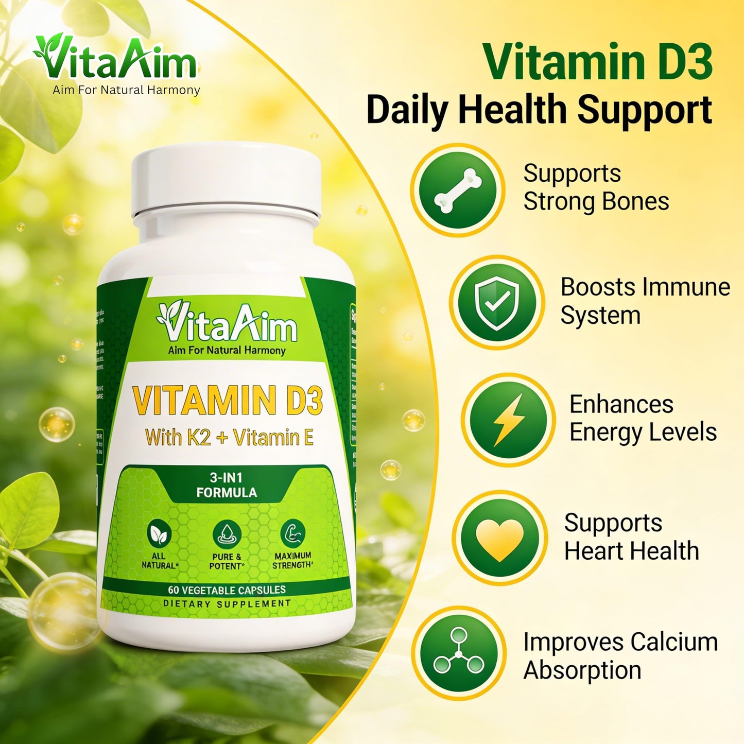 VitaAim Vitamin D3 with K2 + Vitamin E Softgels, 60 Count
