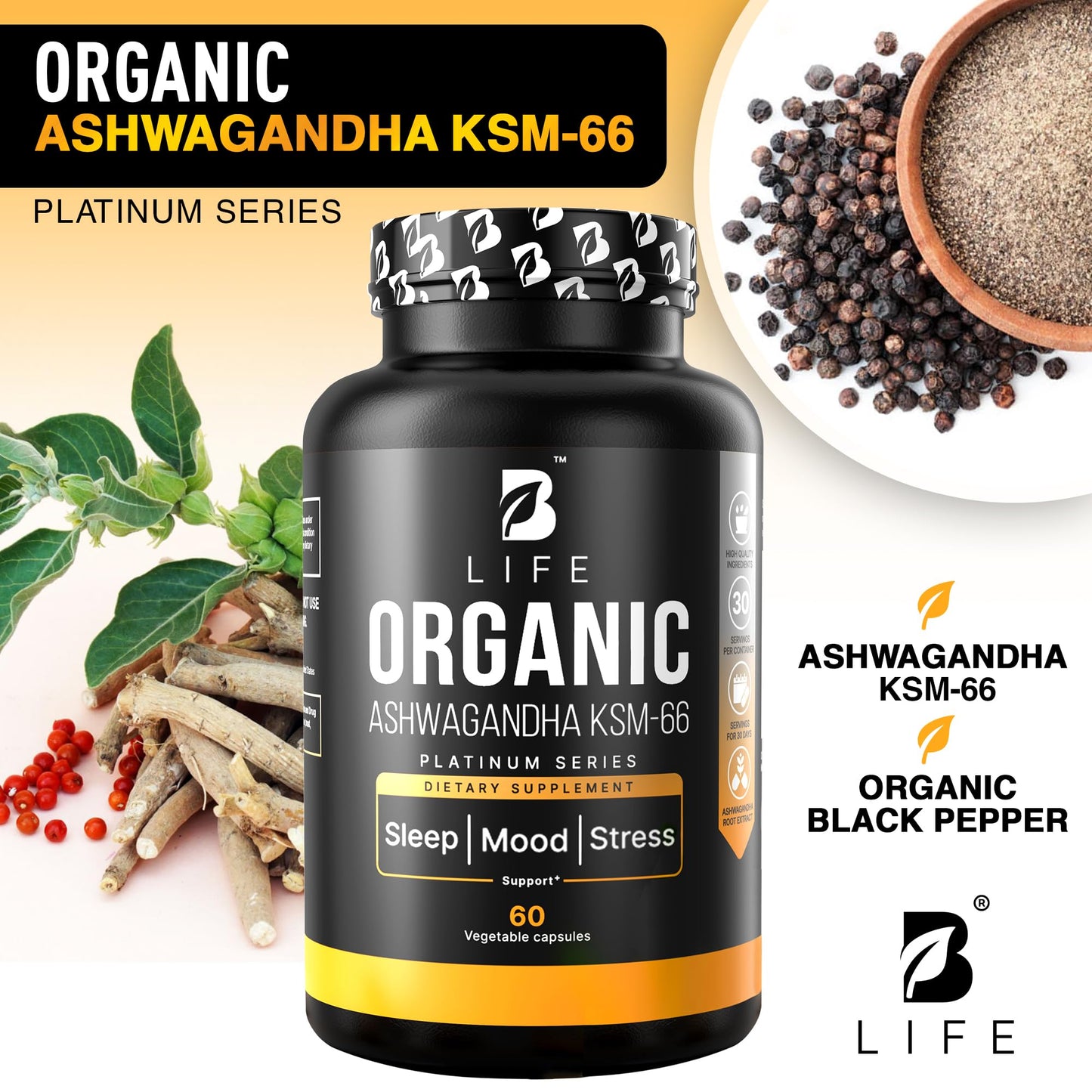 B Life Company Organic Ashwagandha KSM-66 1000 mg Capsule, 60 Count