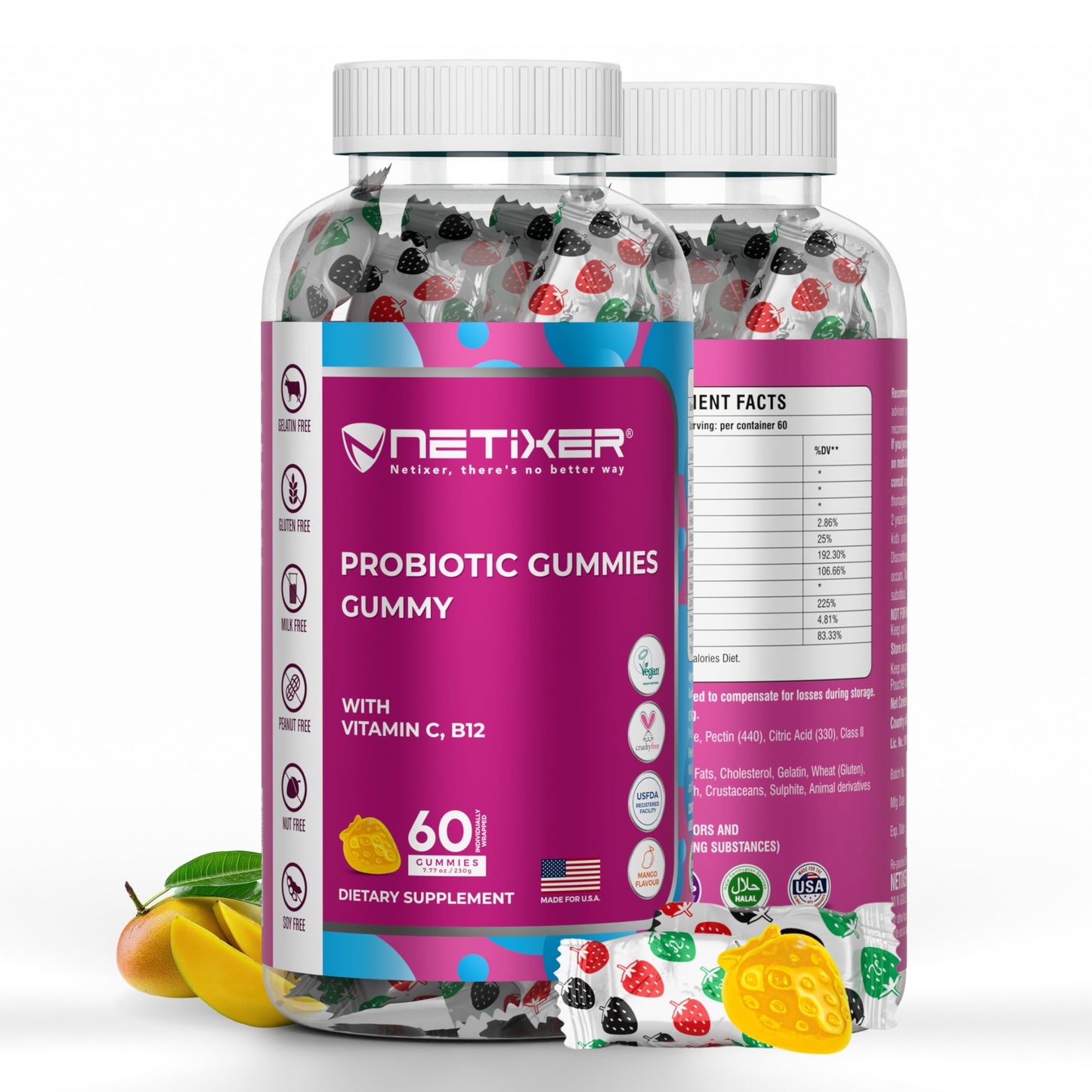 nETiXER Probiotic Gummies with Vitamin C, Vitamin B12, Folic Acid, Zinc, Niacinamide, Riboflavin & Probiotics (40 Million CFU) 60 Gummies