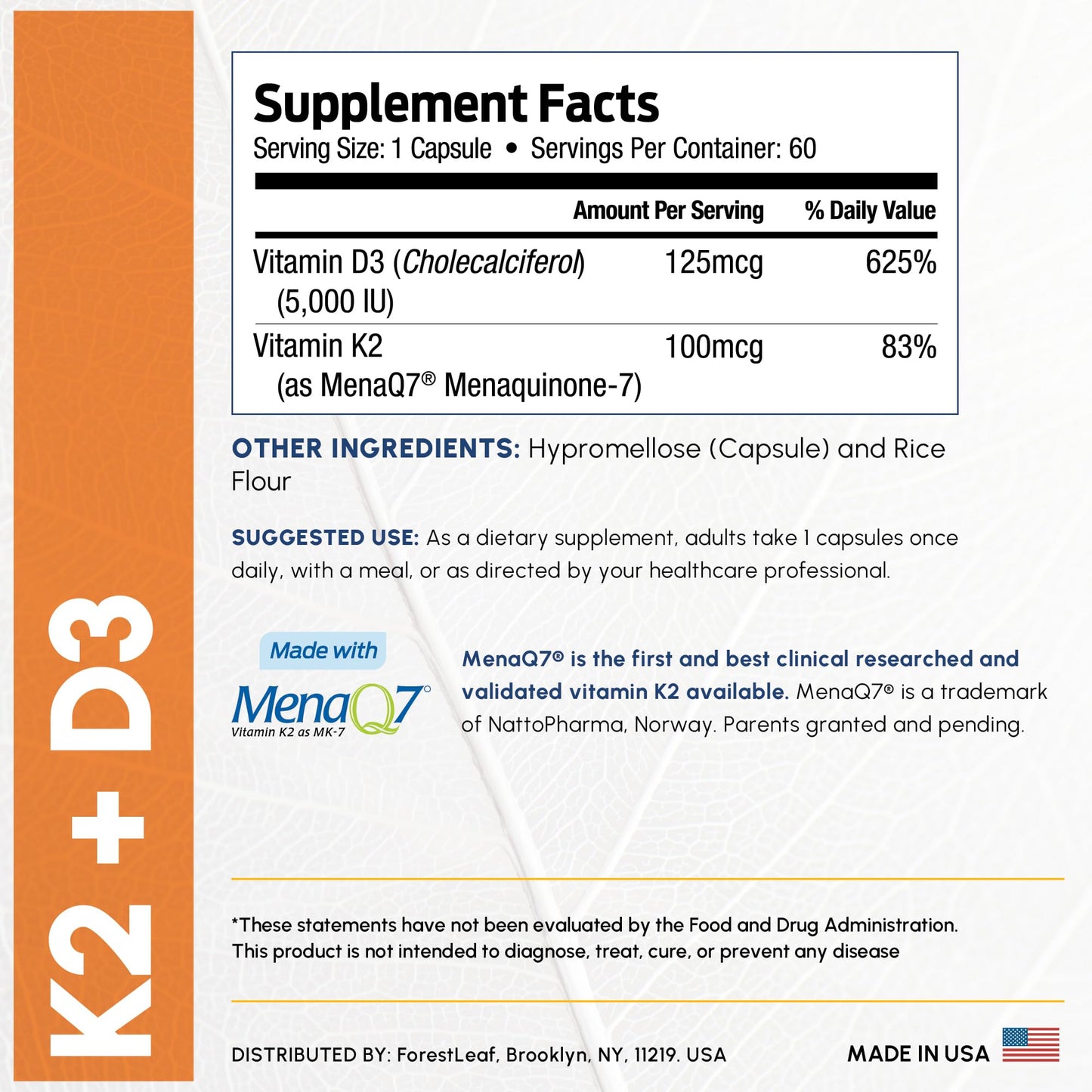 ForestLeaf Vitamin D3 + K2 (MK7) Supplement Capsule, 60 Capsules