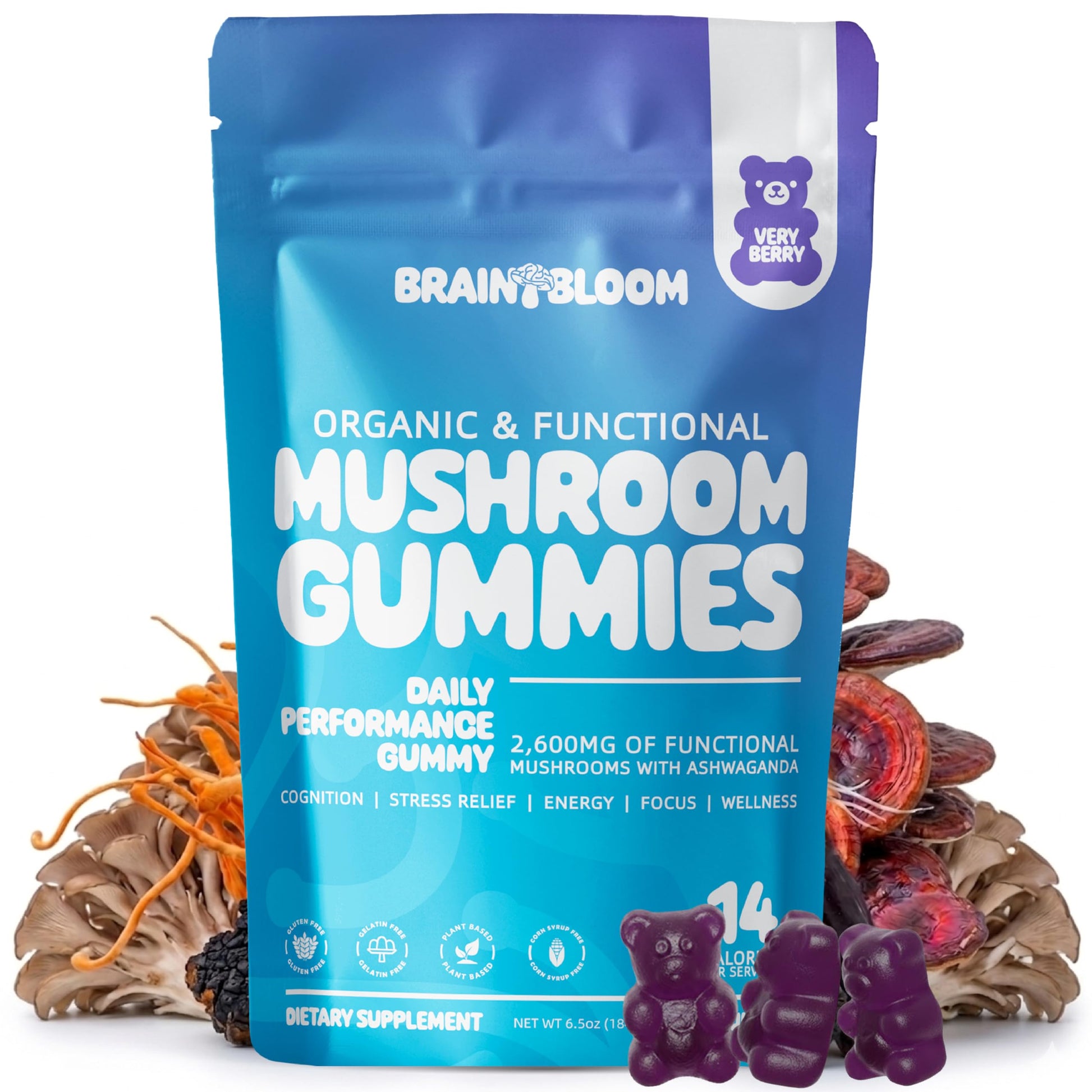 BrainBloom Mushroom Gummies for Focus & Energy – Lion’s Mane, Reishi, Chaga & Cordyceps + Ashwagandha – 2600mg 10:1 Extract – Fruiting Body – Daily Performance Supplement, 60 Gummies
