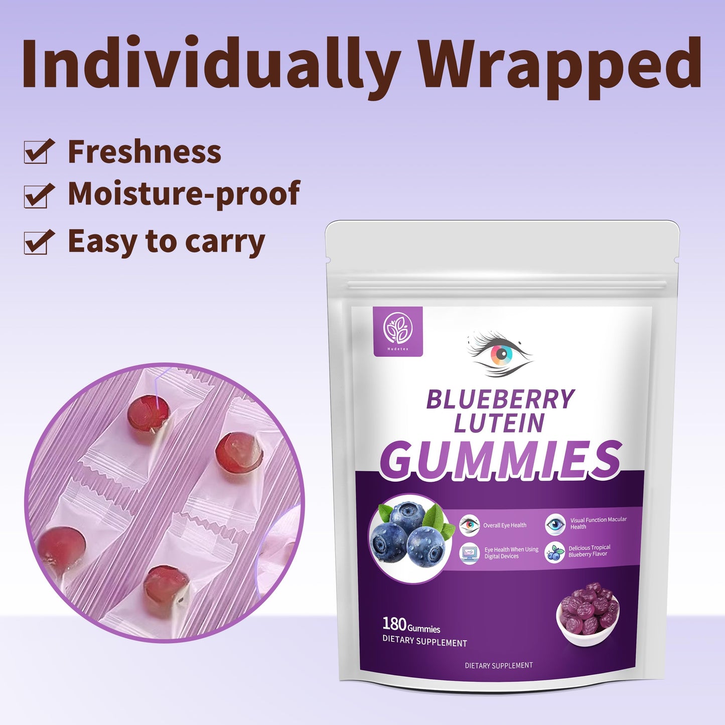 Hudetex Blueberry Lutein Eye Vitamins Gummies 180 Count