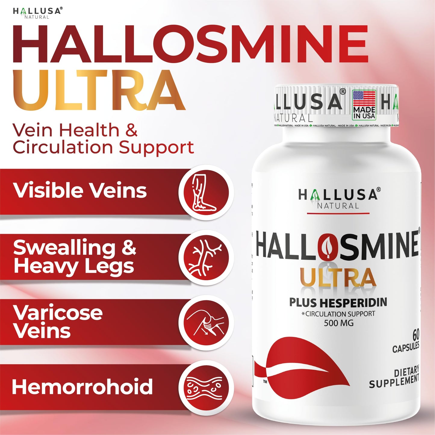 Hallusa Natural Hallosmine Ultra Diosmin 500mg & Hesperidin 150mg Capsules, 60 Count