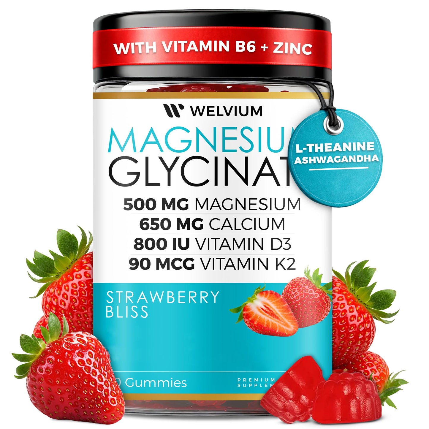 WELVIUM Magnesium Glycinate Gummies with Ashwagandha, L-Theanine, 500mg Magnesium Glycinate, 60 Gummies