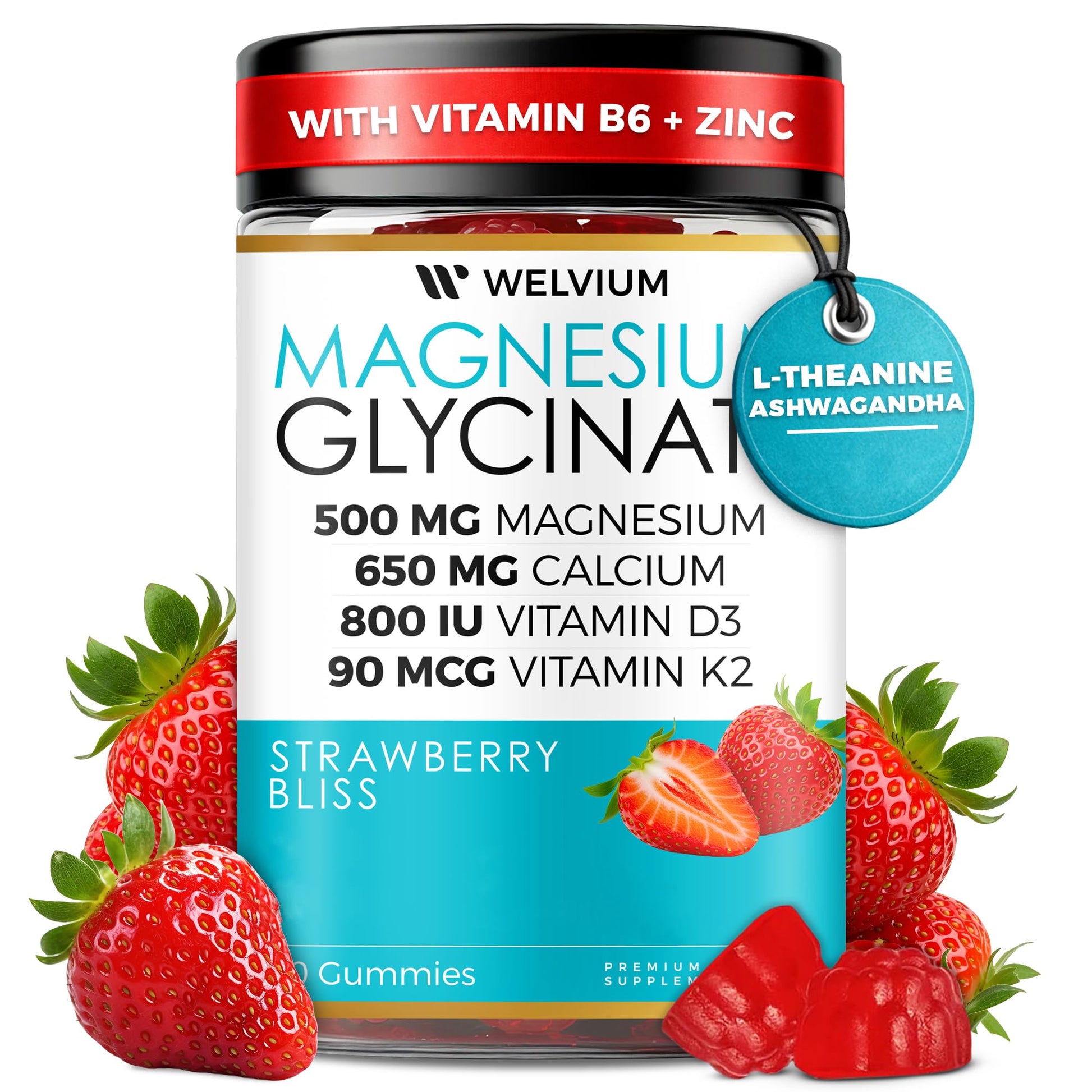 WELVIUM Magnesium Glycinate Gummies with Ashwagandha, L-Theanine, 500mg Magnesium Glycinate, 60 Gummies