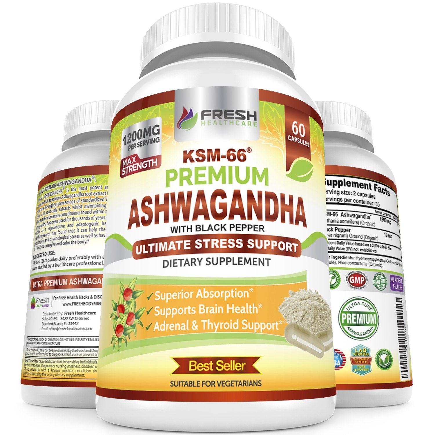 FRESH HEALTHCARE Ashwagandha KSM-66 1200mg Capsule with Black Pepper, 60 Capsules