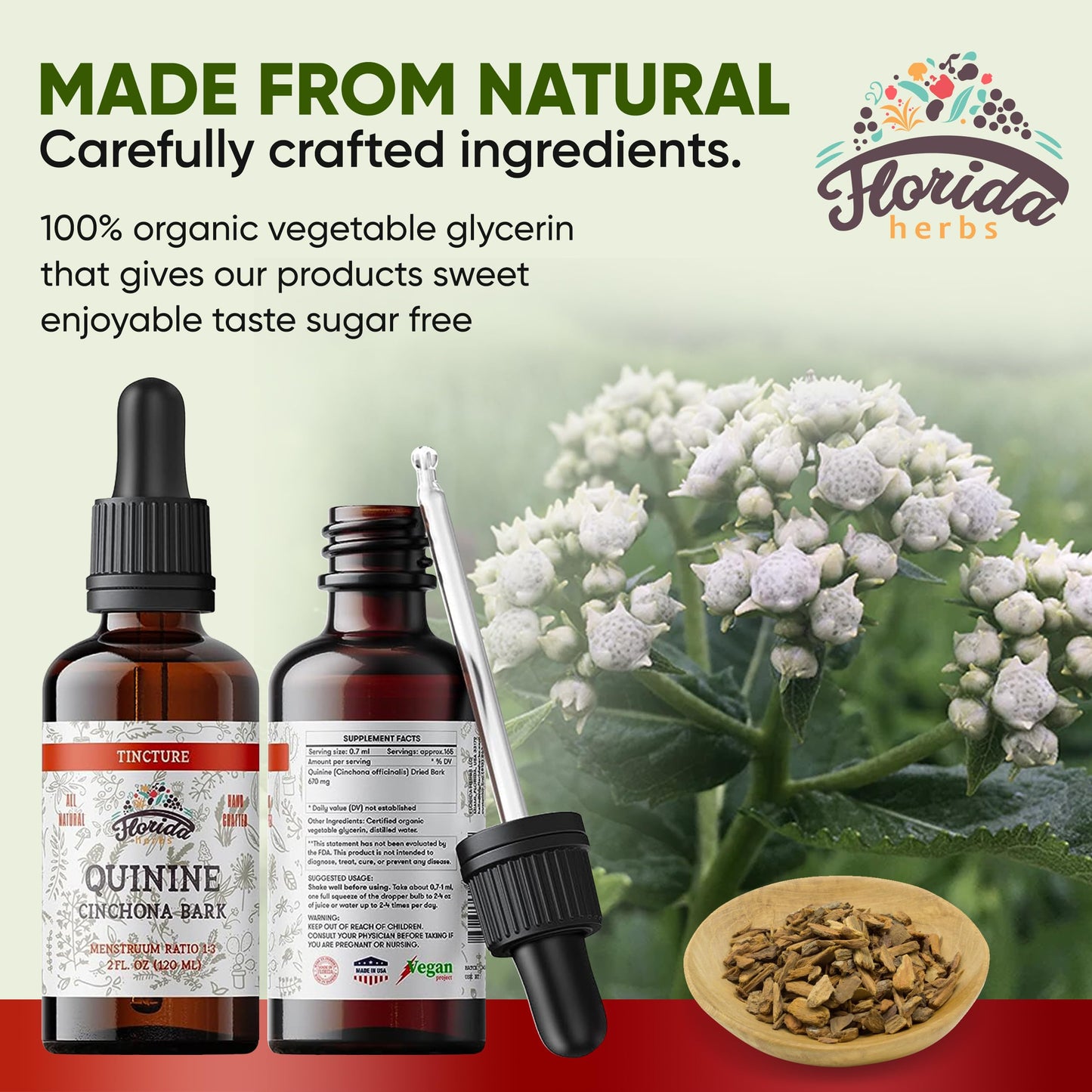 Florida Herbs Quinine Tincture Extract Liquid, Quinine (Cinchona officinalis) Dried Bark Herbal Supplement, 2 Fl Oz