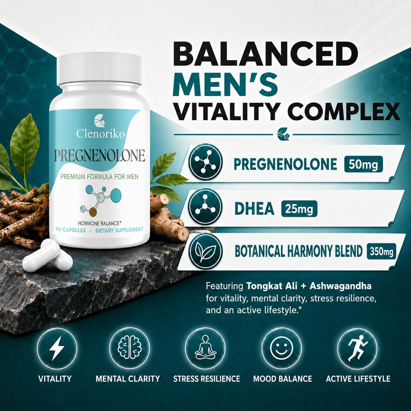 Clenoriko Pregnenolone 50mg with DHEA 25mg for Men, Tongkat Ali & Ashwagandha Root Blend, Men's Wellness Formula, Pregnenolone Supplement, 180 Capsules