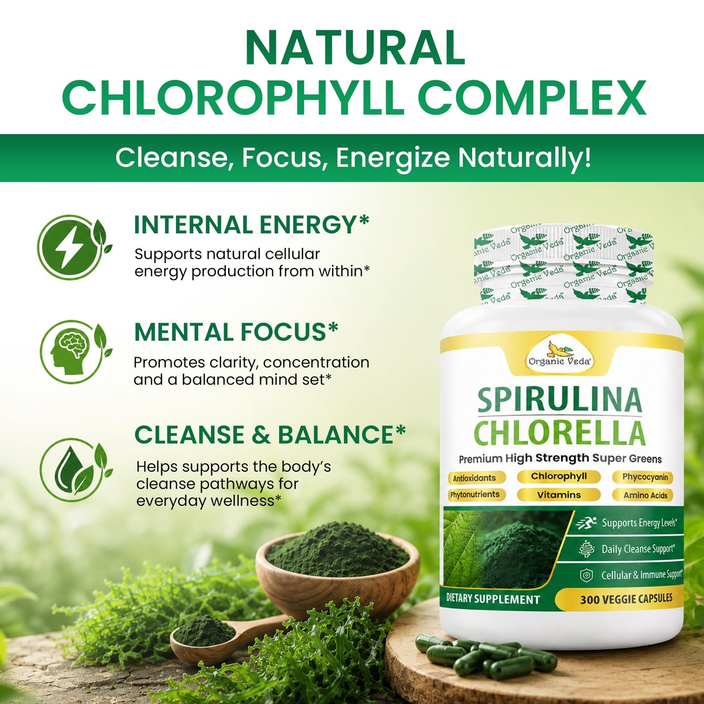Organic Veda Spirulina Chlorella Capsules, 1500mg, 300 Count