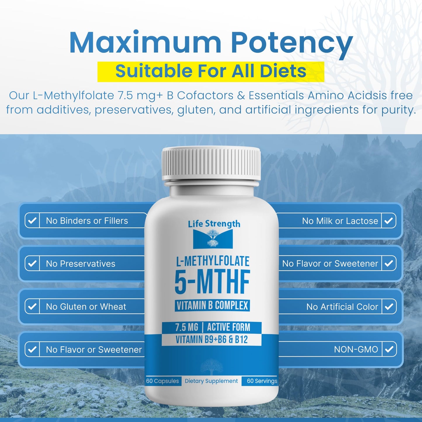 LifeStrength L-Methylfolate 7.5mg + Vitamin B Complex - 5-MTHF, B6 & B12 Methylcobalamin, 60 Capsules