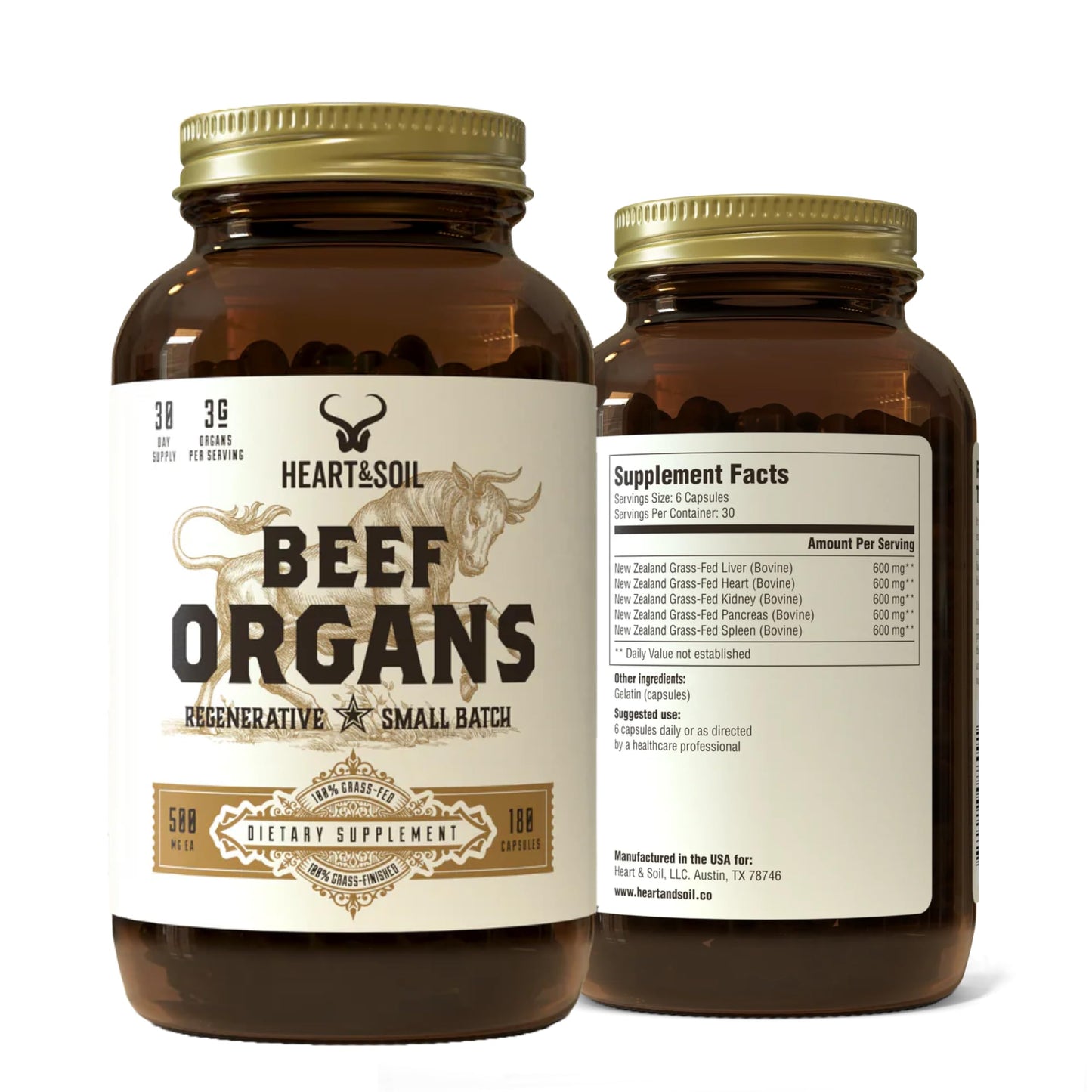 HEART & SOIL Beef Organ Supplement Capsules, 180 Count