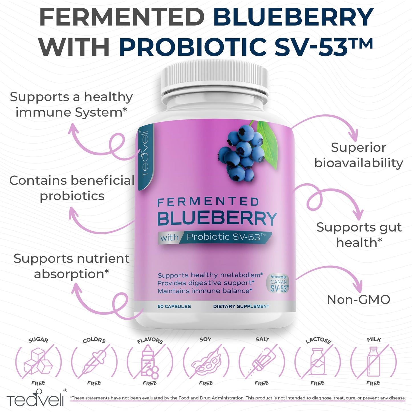 Teaveli Probiotic Blueberry Supplement with Wild Blueberries 1000 mg/Serving with Powerful Polyphenols & Anthocyanins Capsules, 60 Count