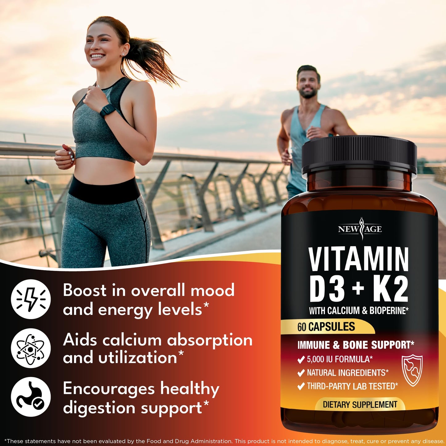 NEW AGE Vitamin D3 5,000 IU + K2 MK-7 100 mcg 2-in-1 Bone, Immune & Heart Support, 180 Capsules