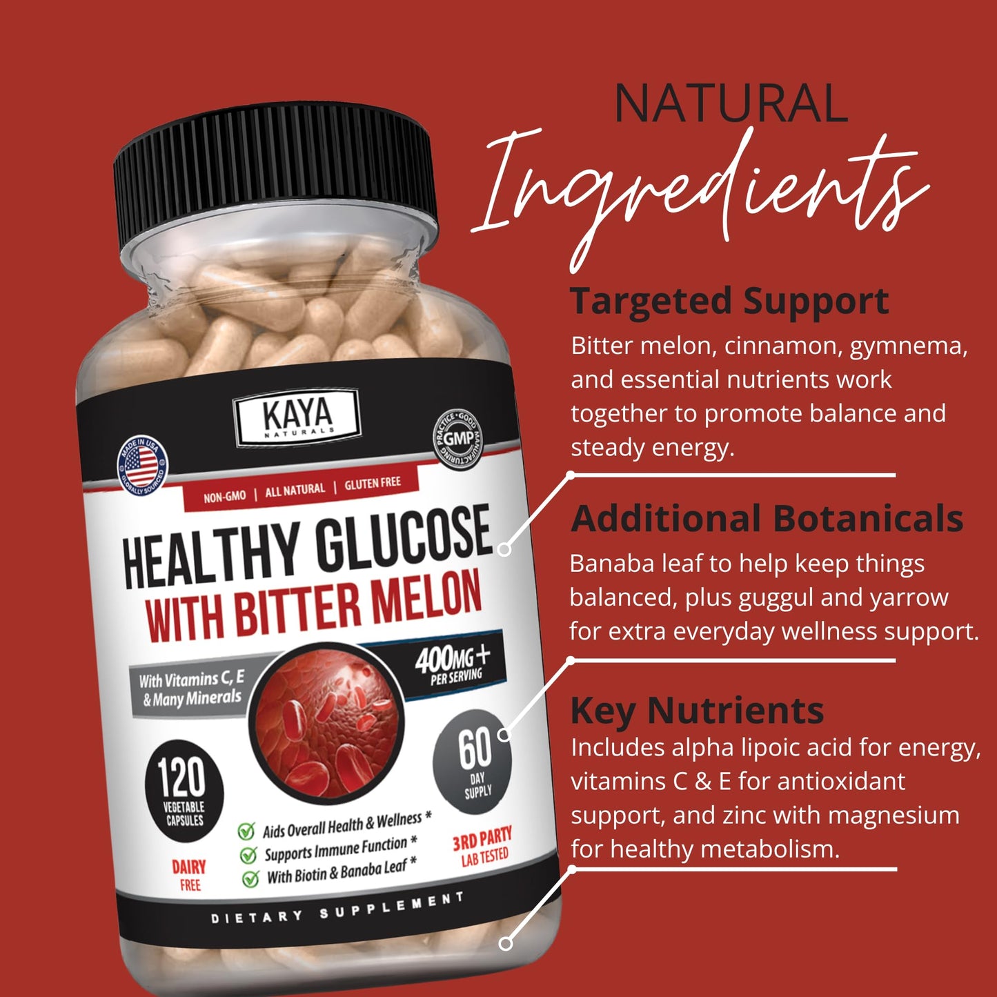 Kaya Naturals Healthy Gluco with Bittermelon Supplement Capsules, 120 Count
